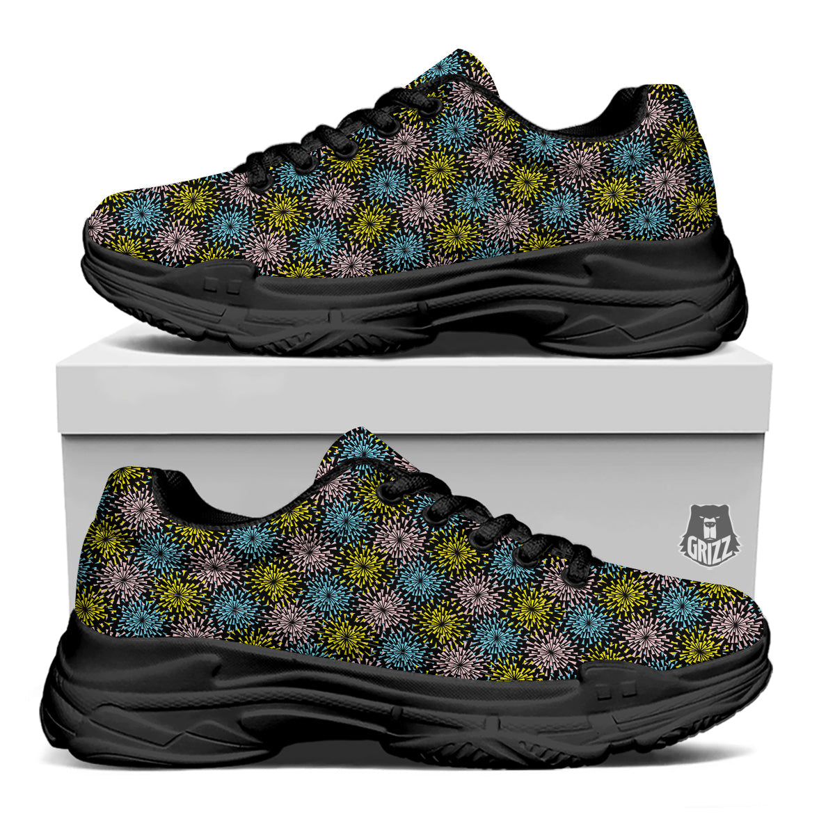 Fireworks Flowers Abstract Print Pattern Black Chunky Shoes-grizzshop