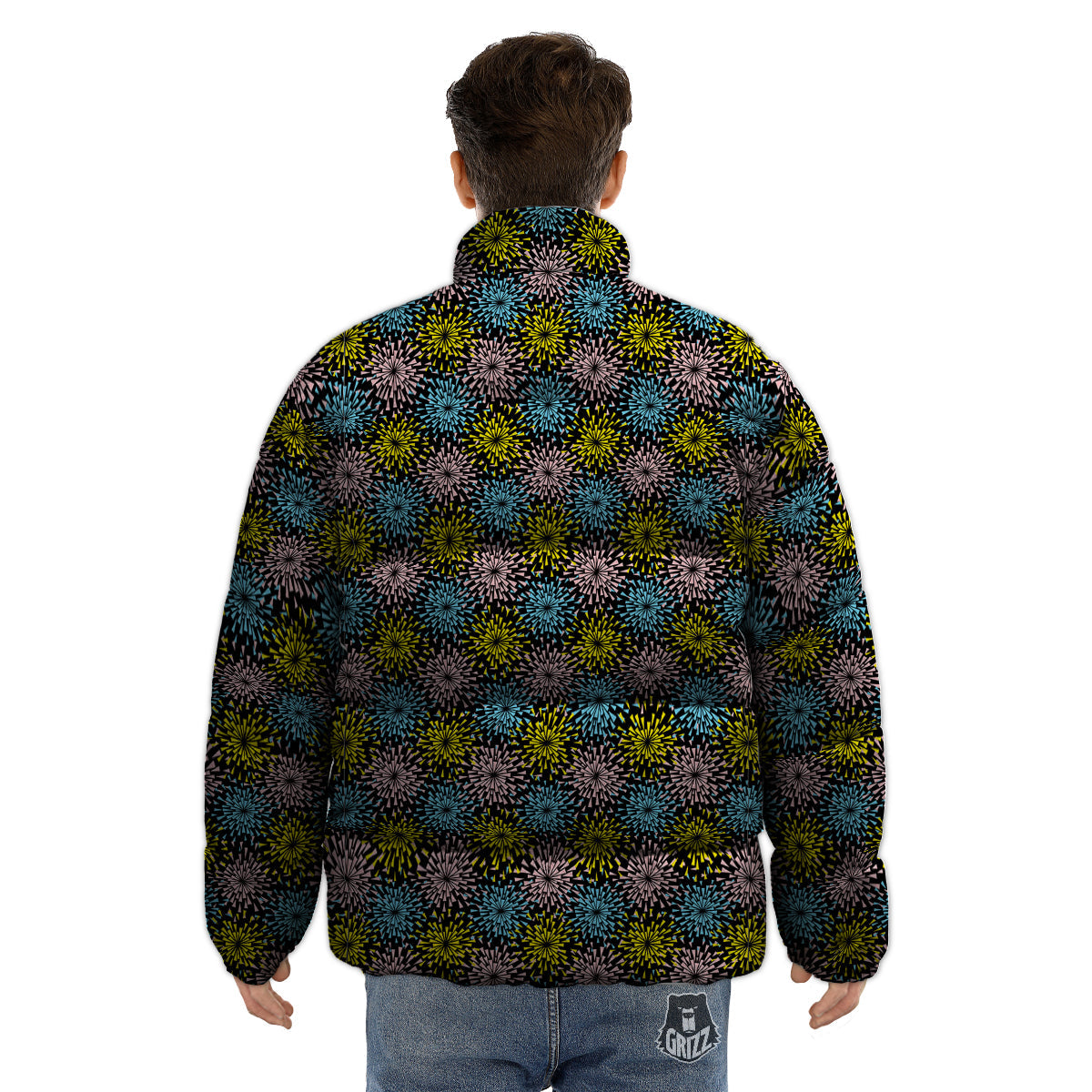 Fireworks Flowers Abstract Print Pattern Puffer Jacket-grizzshop