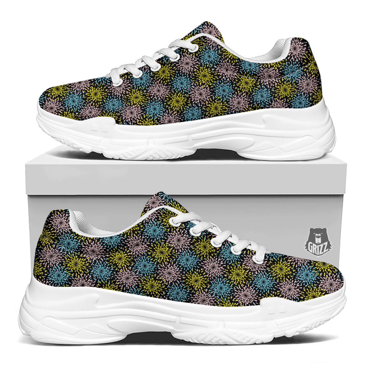 Fireworks Flowers Abstract Print Pattern White Chunky Shoes-grizzshop