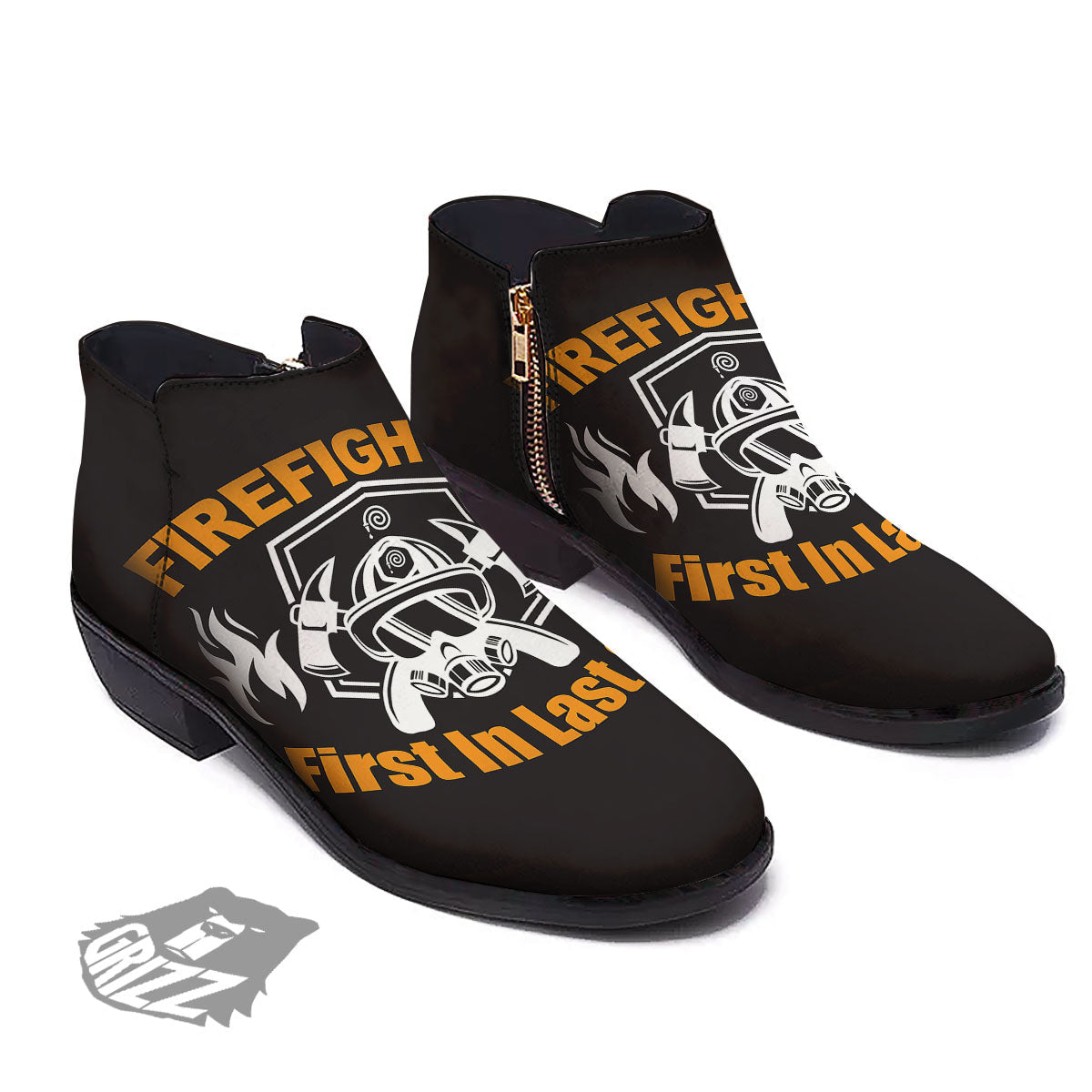 First In Last Out Firefighter Print Ankle Boots-grizzshop