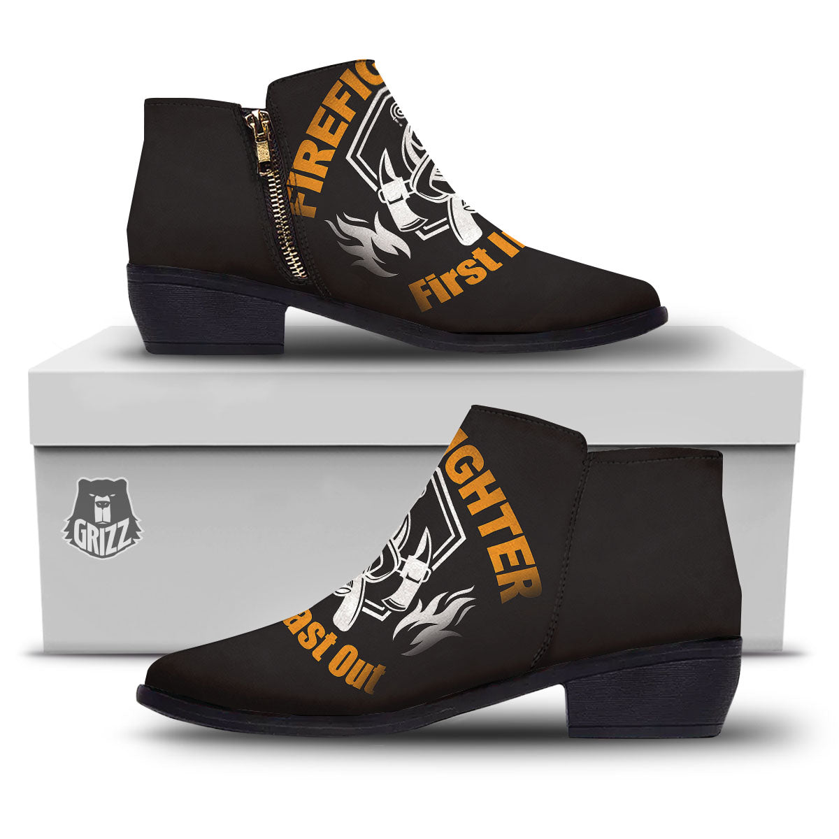 First In Last Out Firefighter Print Ankle Boots-grizzshop