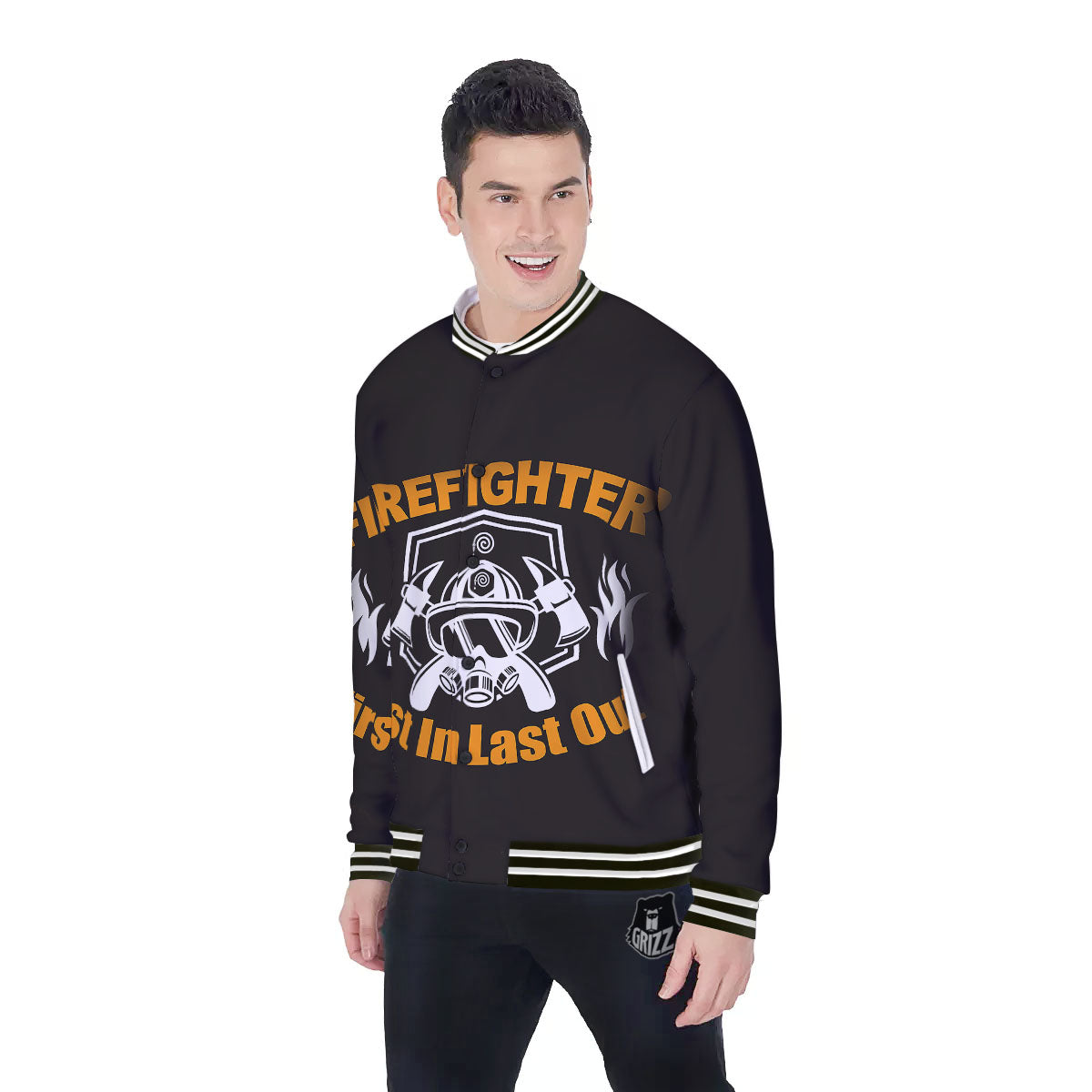 First In Last Out Firefighter Print Baseball Jacket-grizzshop