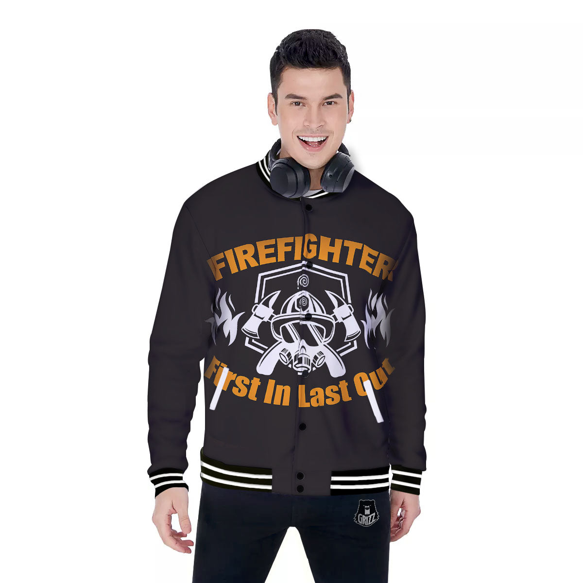 First In Last Out Firefighter Print Baseball Jacket-grizzshop