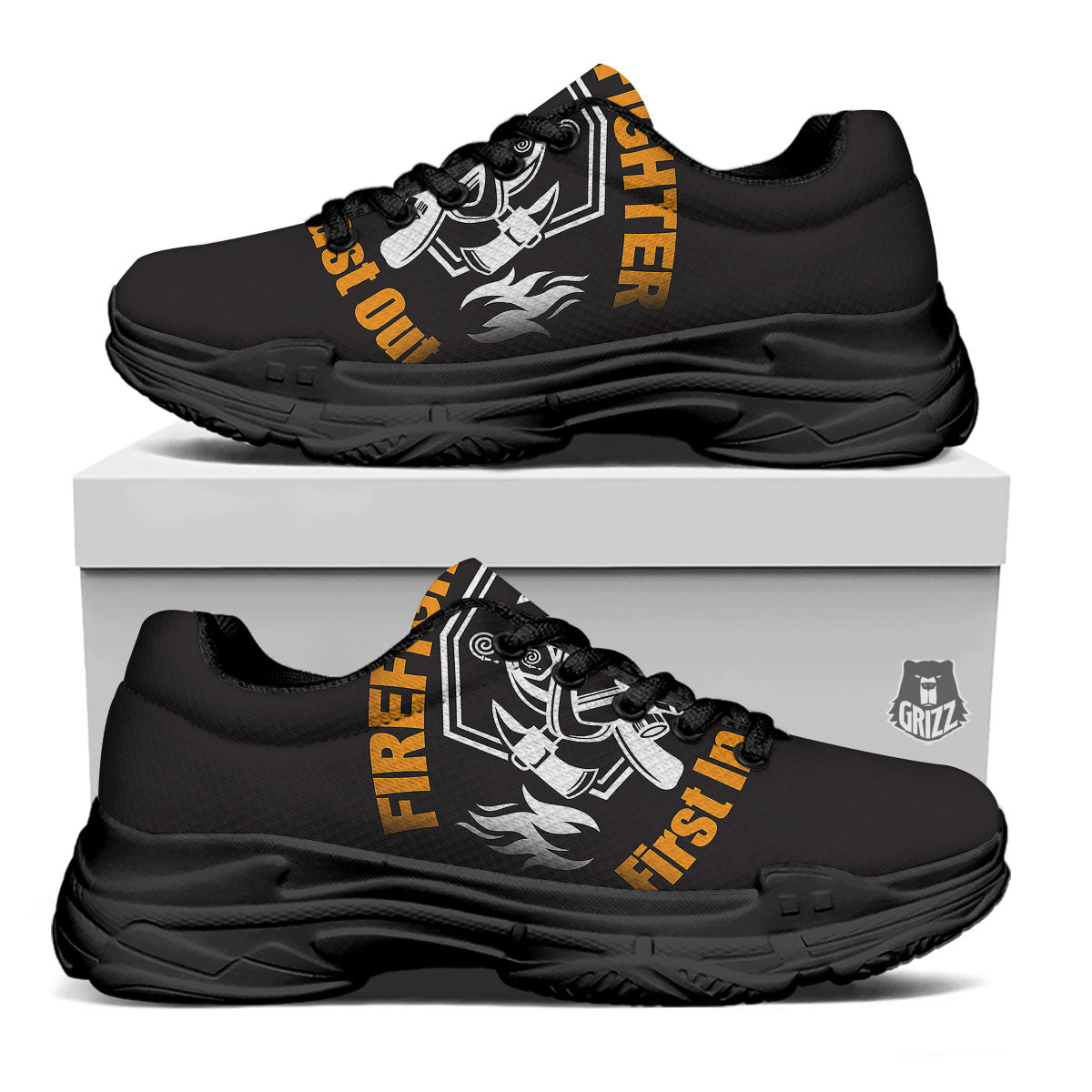 First In Last Out Firefighter Print Black Chunky Shoes-grizzshop