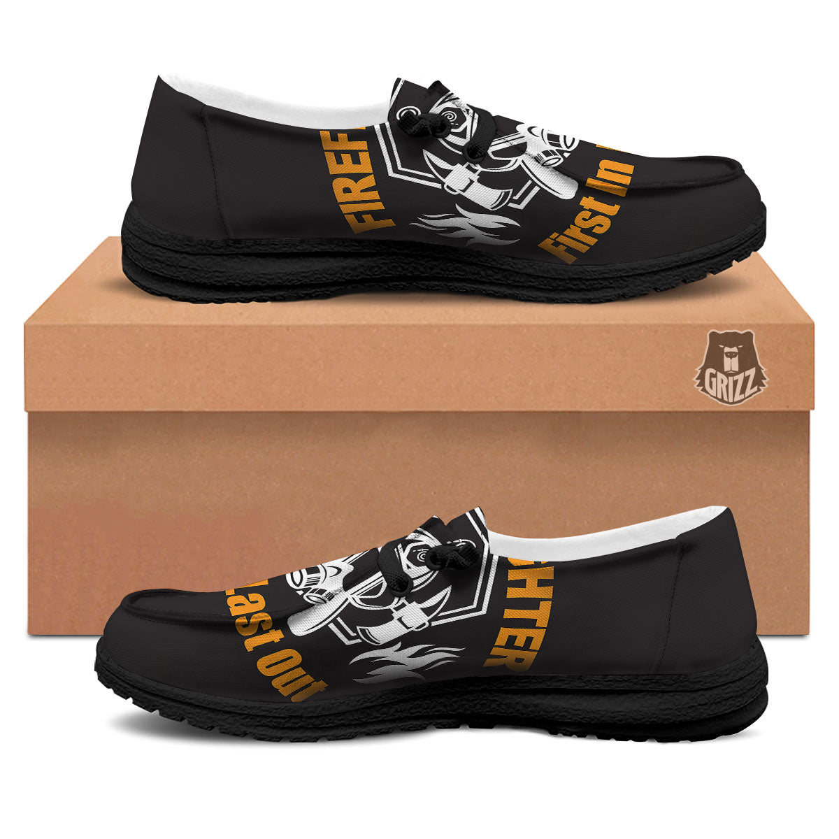 First In Last Out Firefighter Print Black Loafers-grizzshop