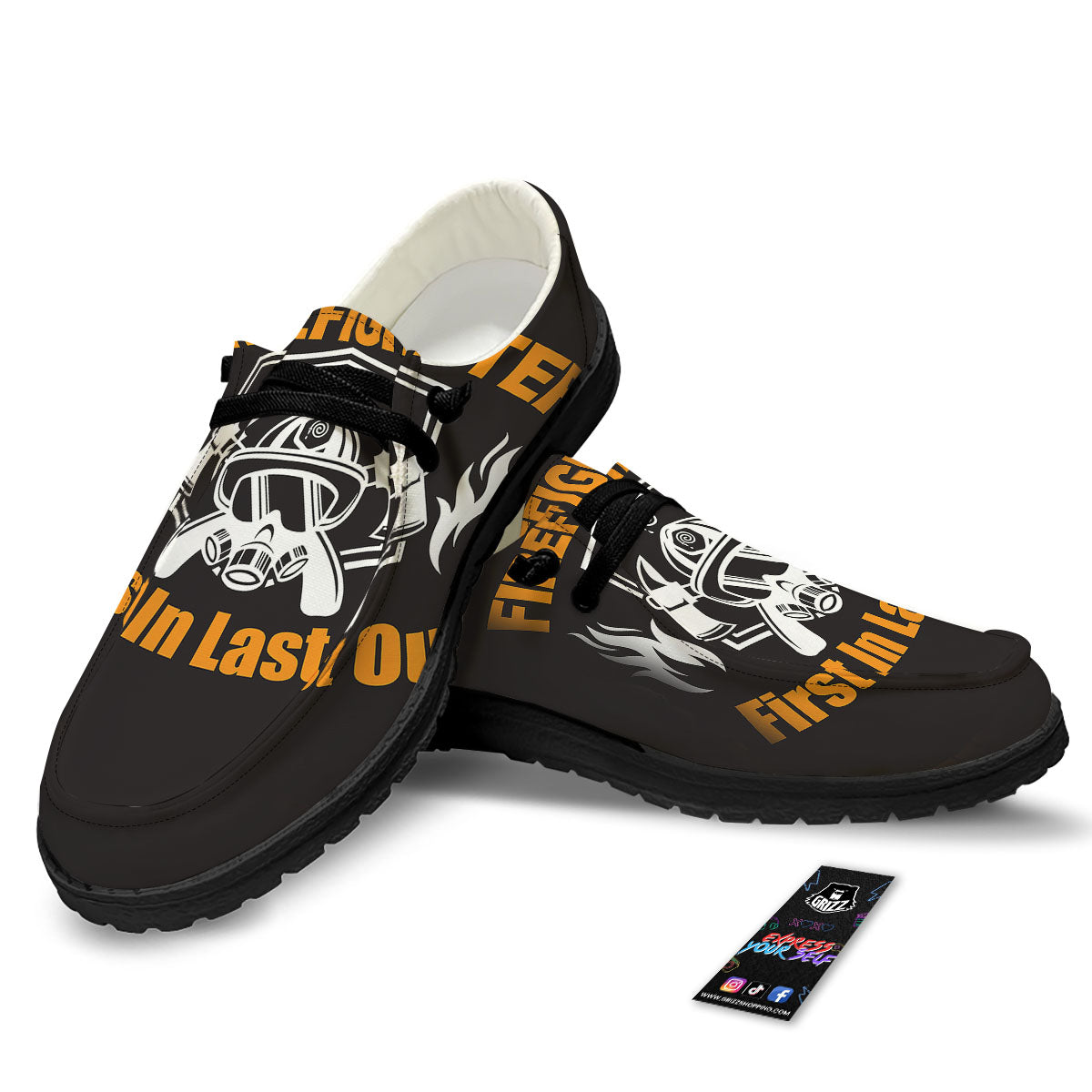 First In Last Out Firefighter Print Black Loafers-grizzshop