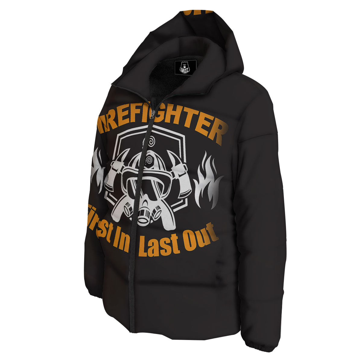 First In Last Out Firefighter Print Down Jacket-grizzshop