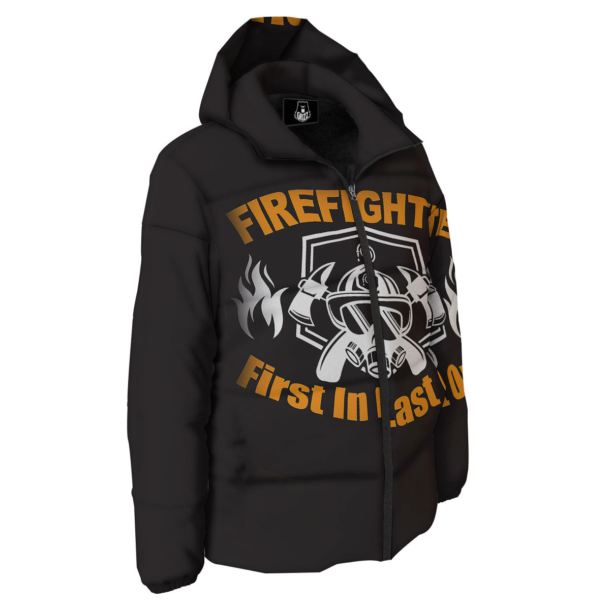 First In Last Out Firefighter Print Down Jacket-grizzshop