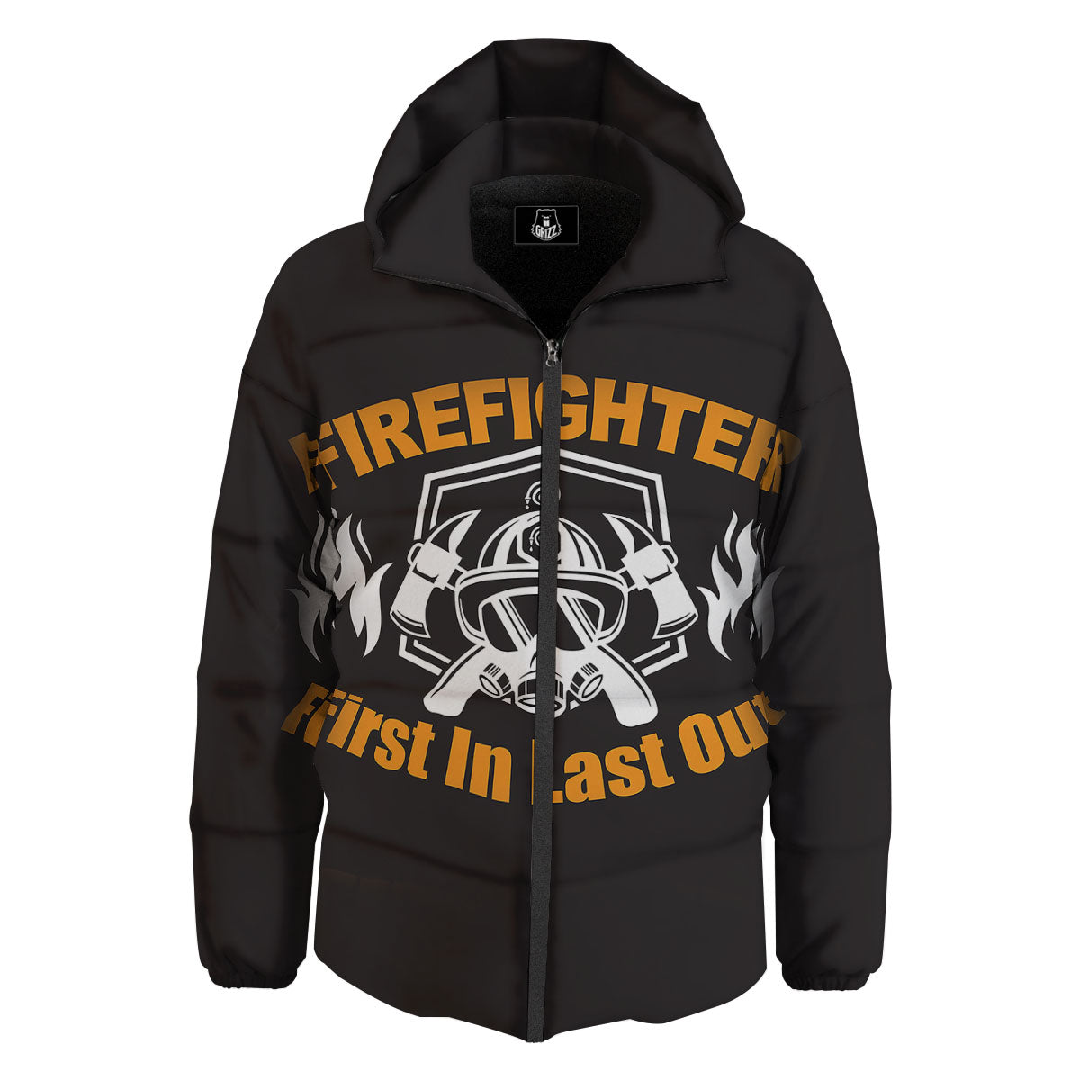 First In Last Out Firefighter Print Down Jacket-grizzshop