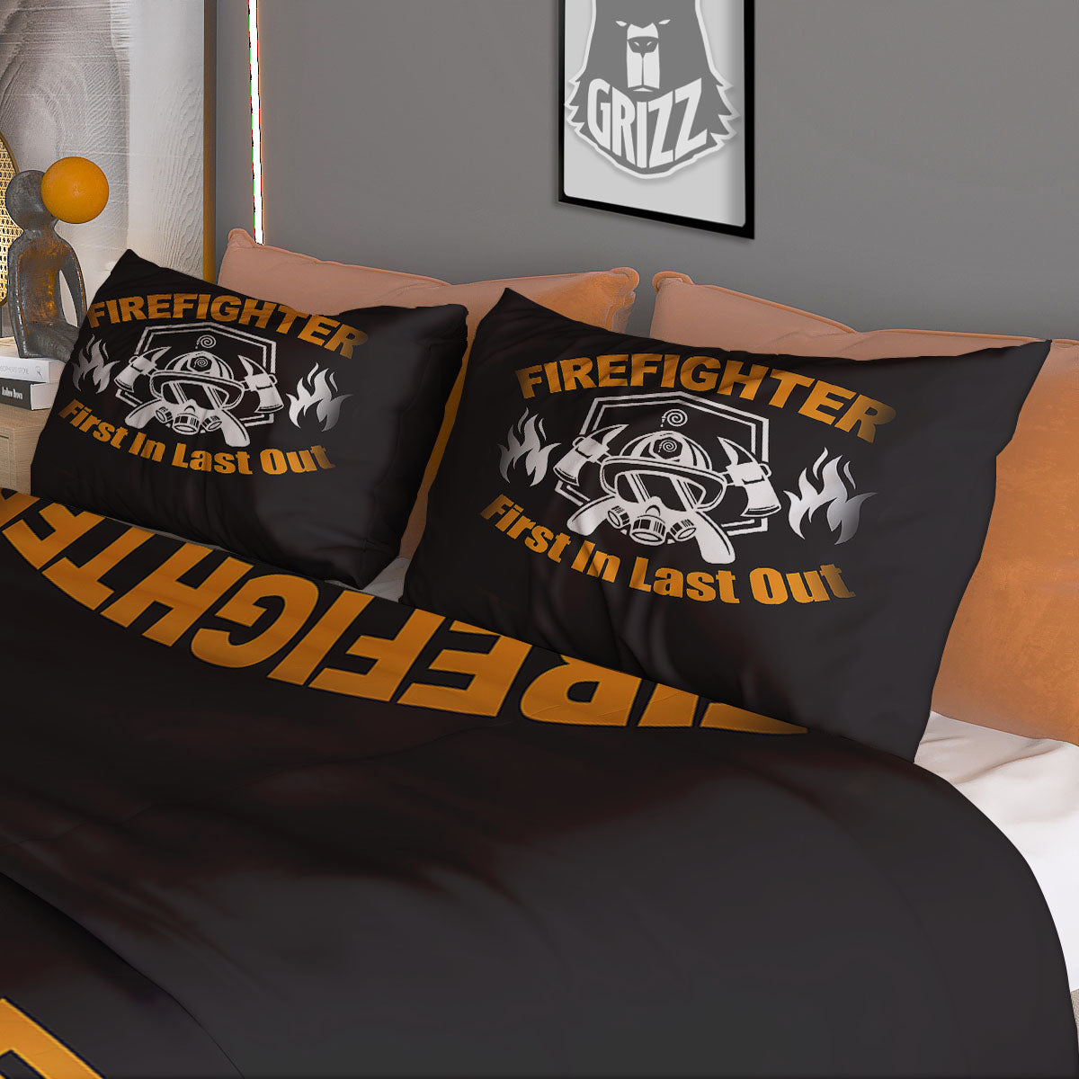 First In Last Out Firefighter Print Duvet Cover Bedding Set