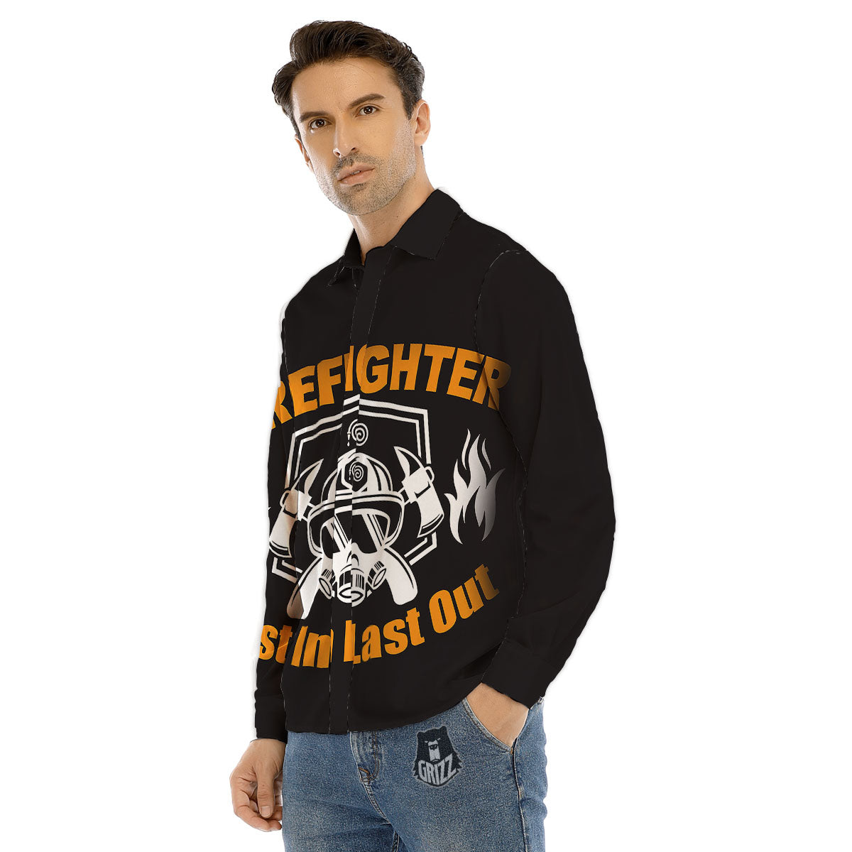First In Last Out Firefighter Print Men's Dress Shirts-grizzshop