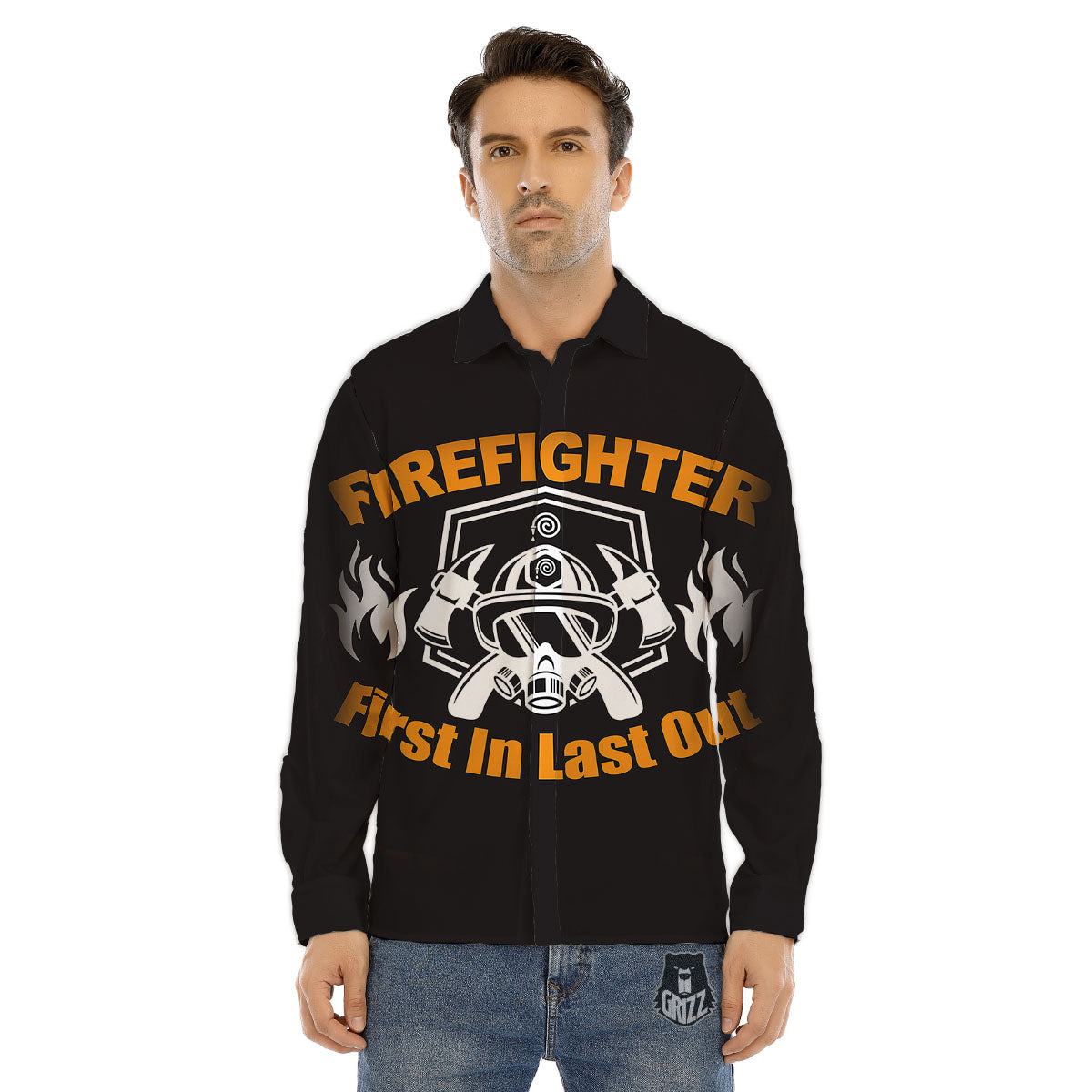 First In Last Out Firefighter Print Men's Dress Shirts-grizzshop