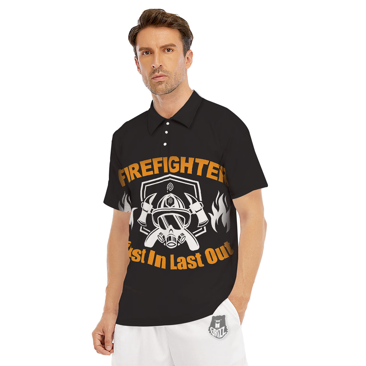 First In Last Out Firefighter Print Men's Golf Shirts-grizzshop