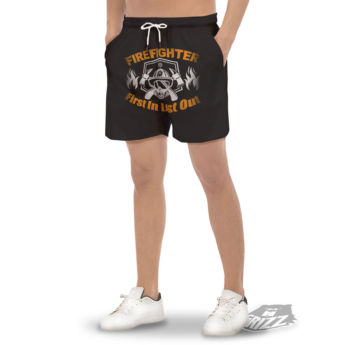 First In Last Out Firefighter Print Men's Gym Shorts-grizzshop