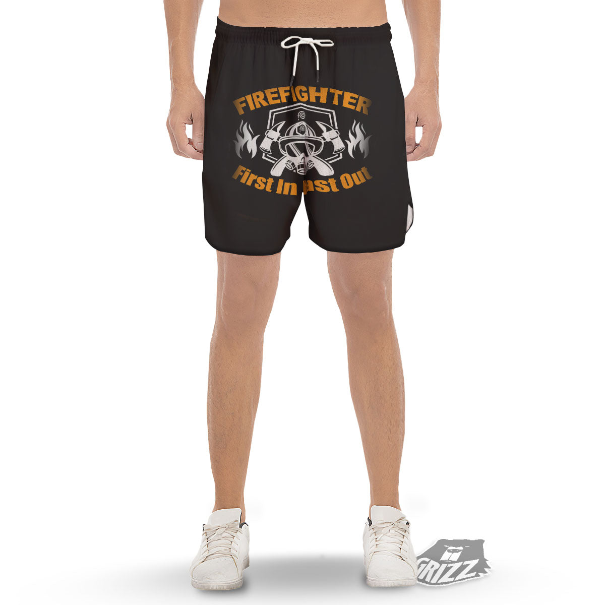 First In Last Out Firefighter Print Men's Gym Shorts-grizzshop