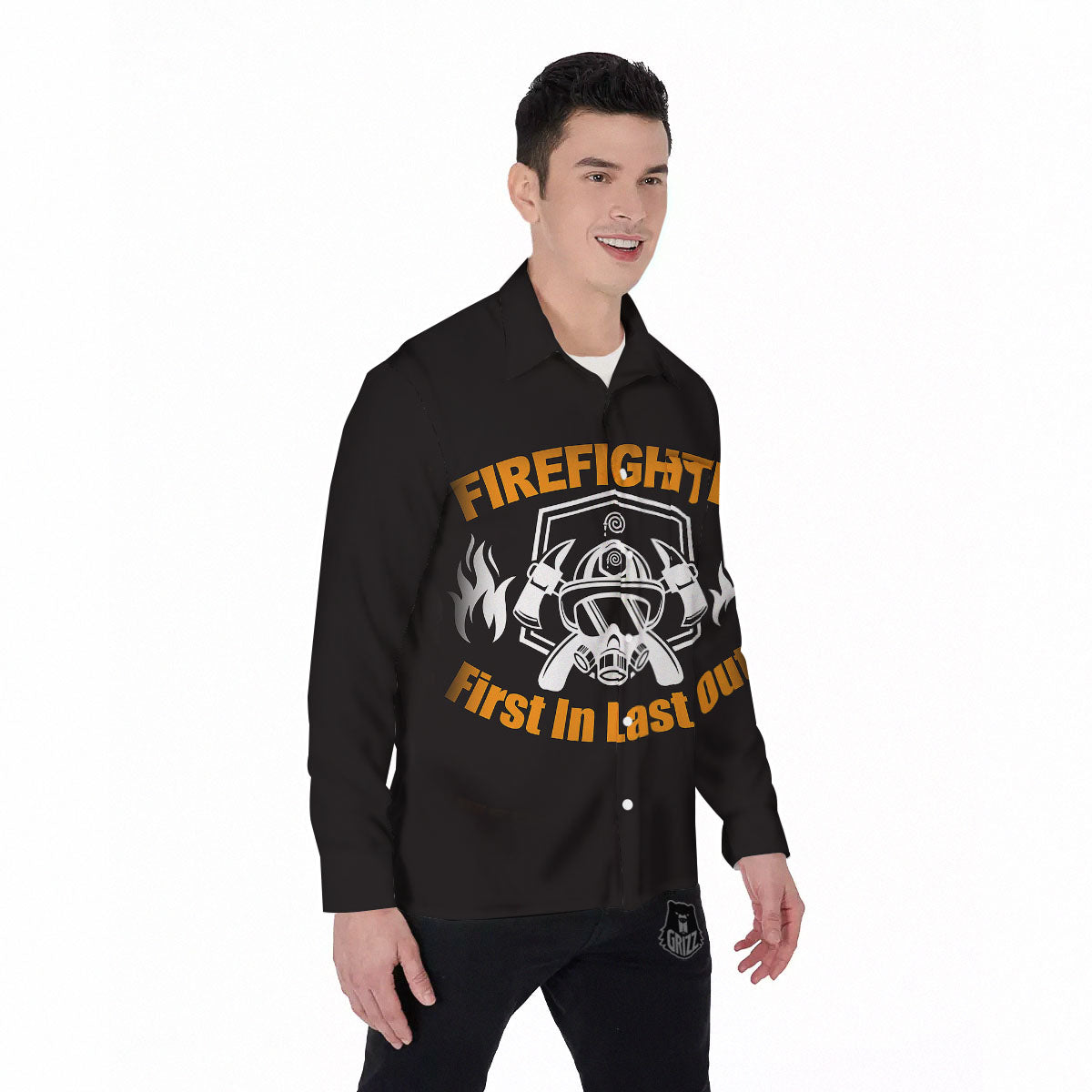 First In Last Out Firefighter Print Men's Long Sleeve Shirts-grizzshop