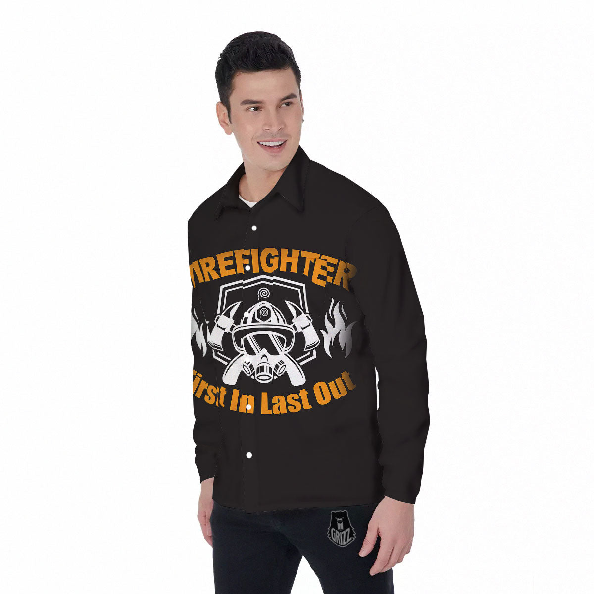 First In Last Out Firefighter Print Men's Long Sleeve Shirts-grizzshop
