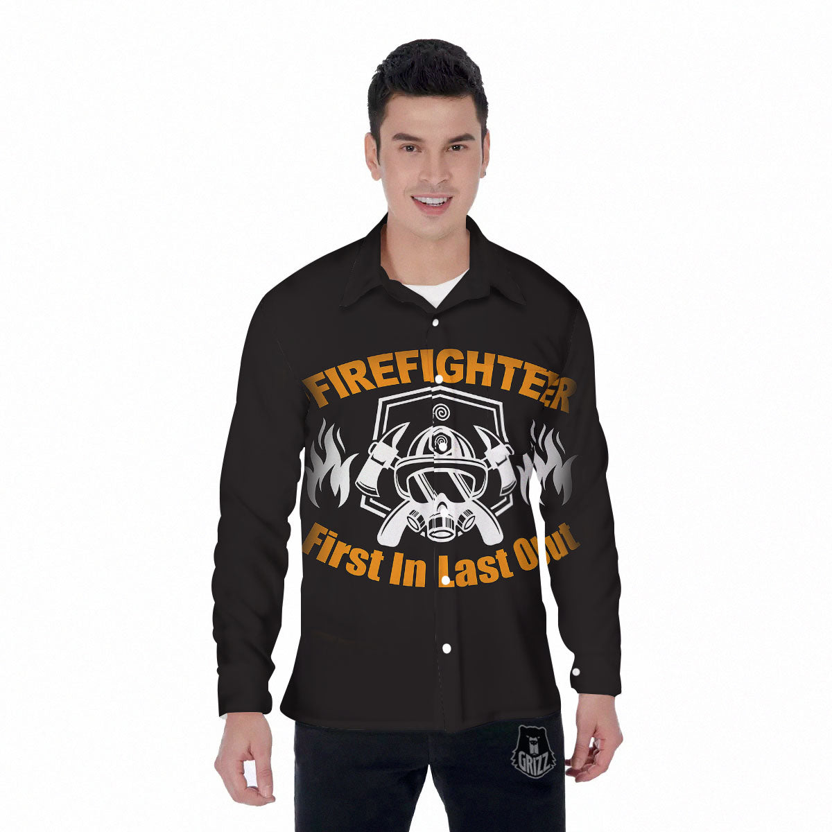 First In Last Out Firefighter Print Men's Long Sleeve Shirts-grizzshop