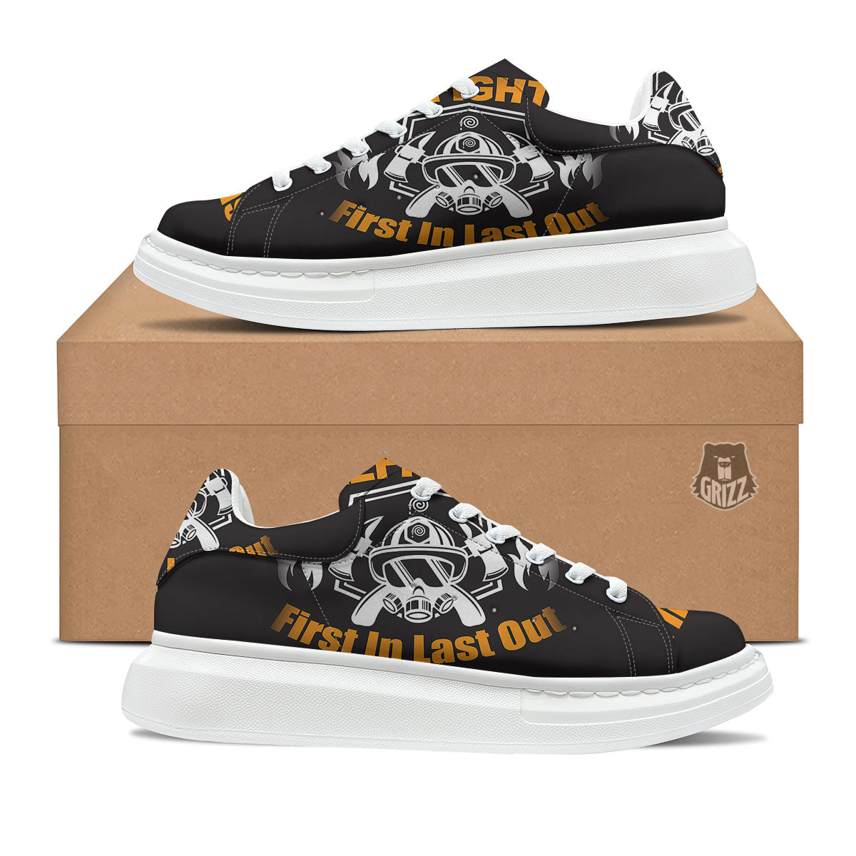 First In Last Out Firefighter Print Platform Shoes-grizzshop
