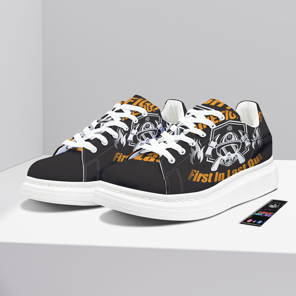 First In Last Out Firefighter Print Platform Shoes-grizzshop