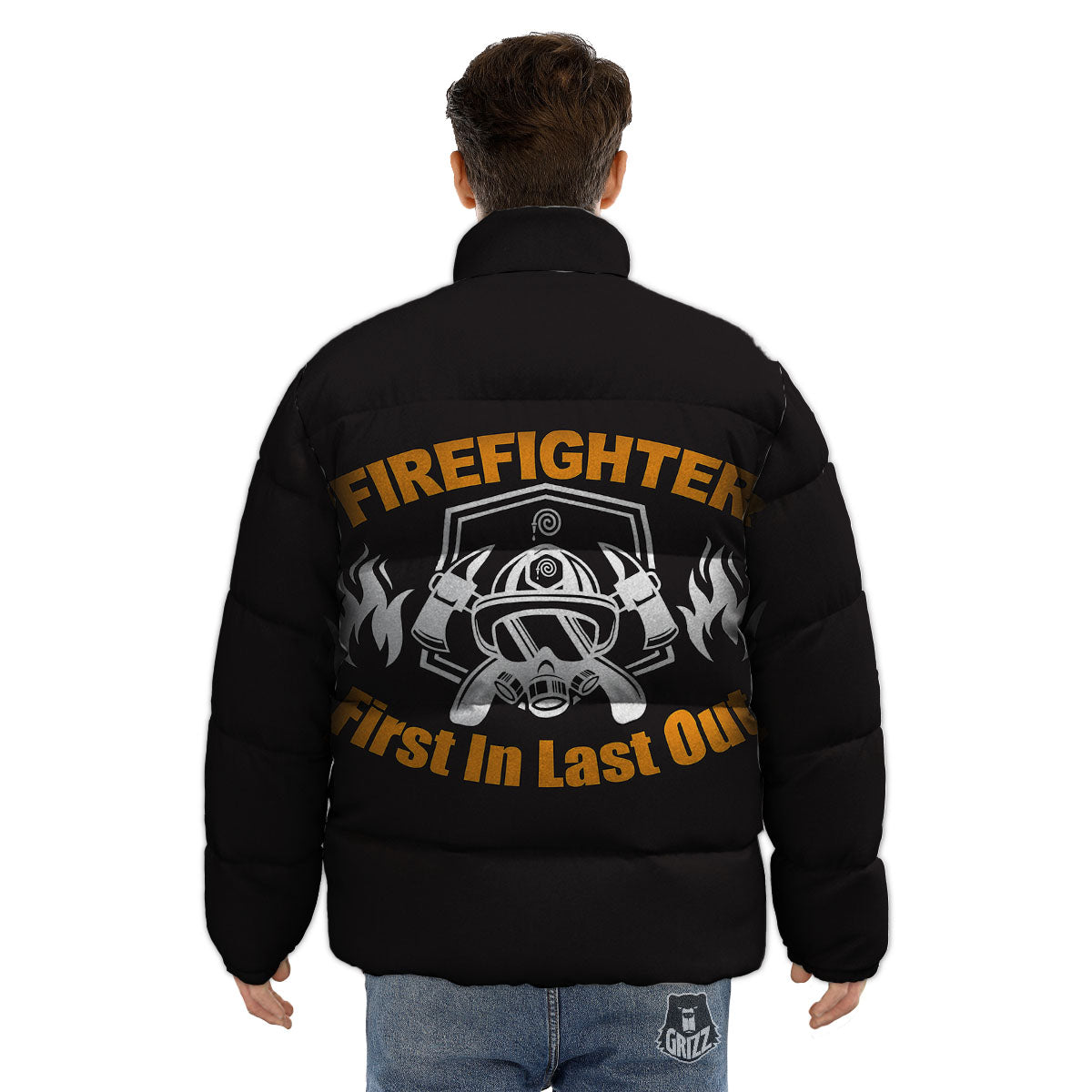 First In Last Out Firefighter Print Puffer Jacket-grizzshop