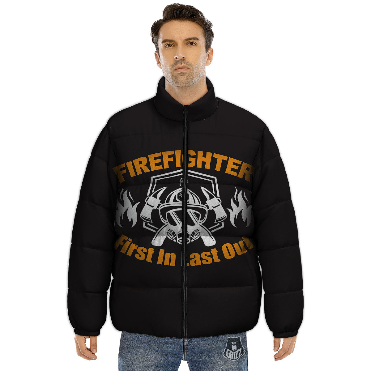 First In Last Out Firefighter Print Puffer Jacket-grizzshop