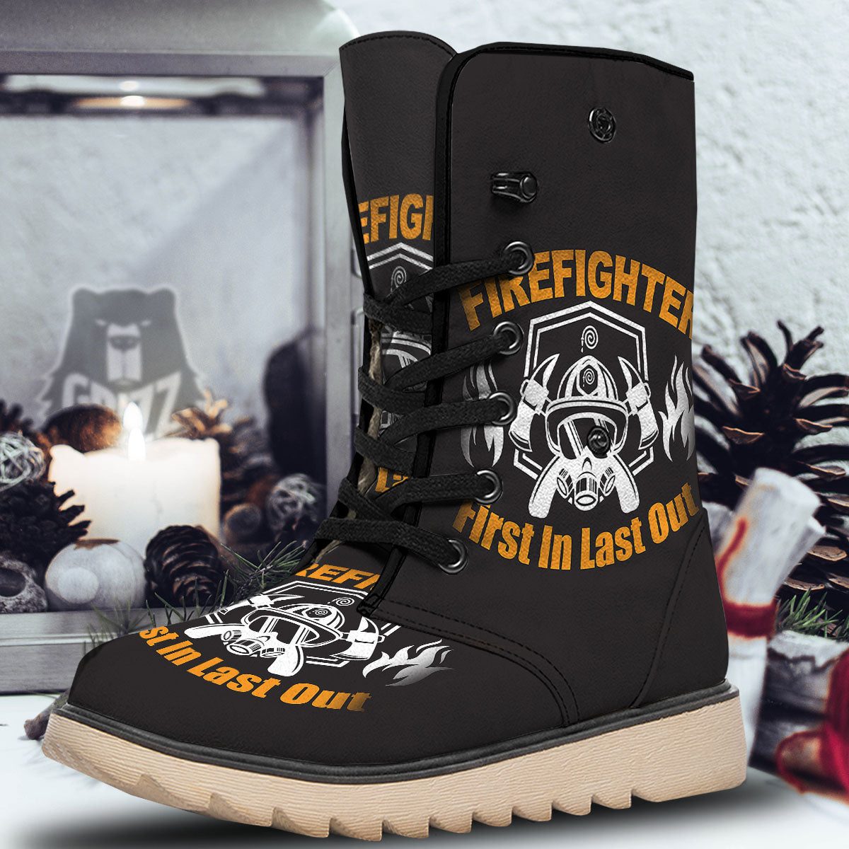 First In Last Out Firefighter Print Snow Boots-grizzshop
