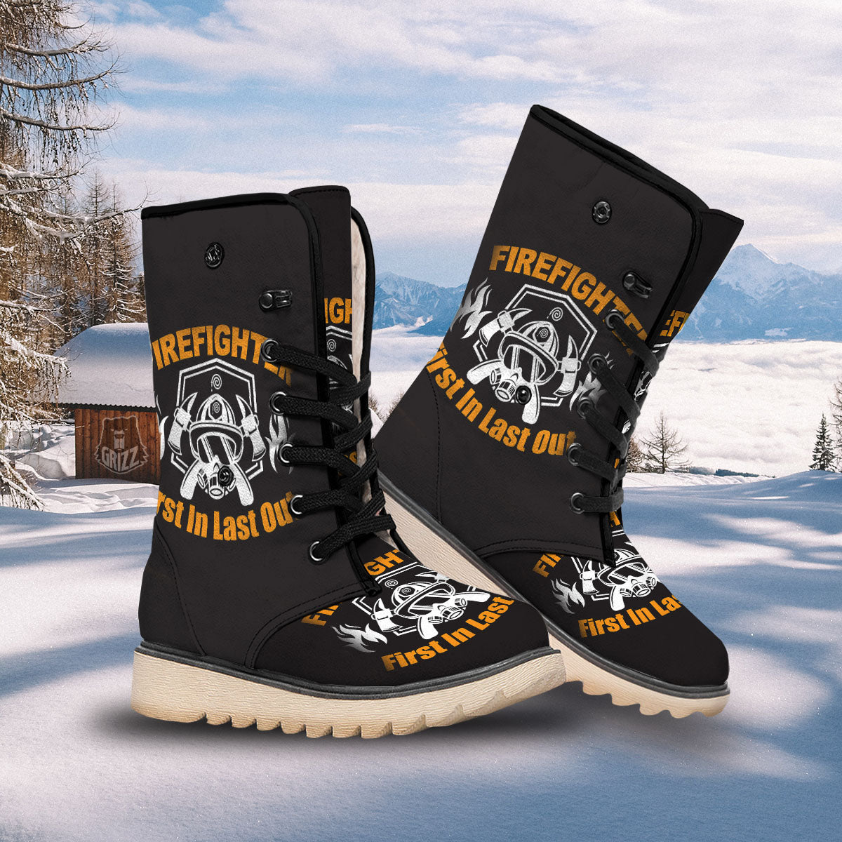First In Last Out Firefighter Print Snow Boots-grizzshop