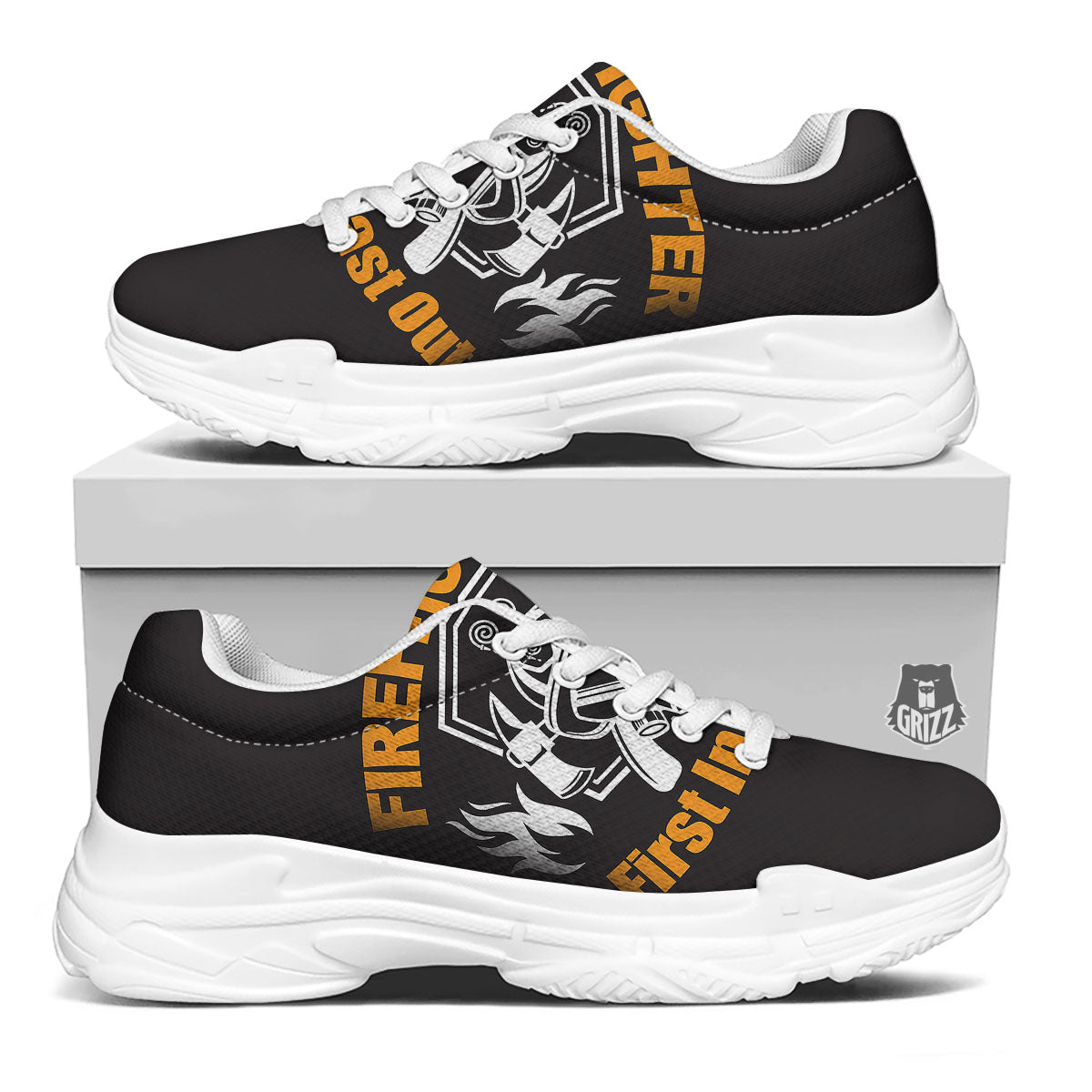 First In Last Out Firefighter Print White Chunky Shoes-grizzshop