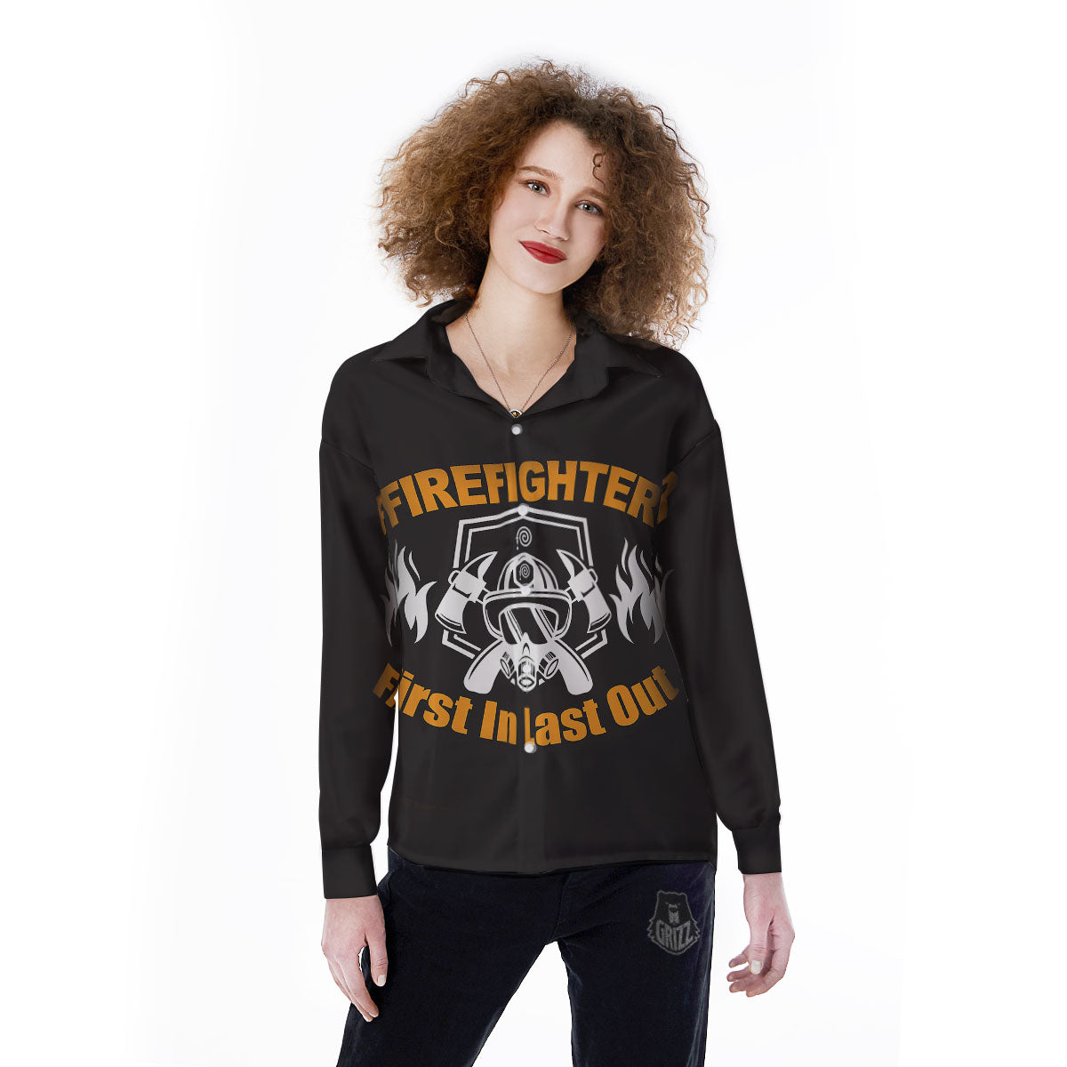 First In Last Out Firefighter Print Women's Long Sleeve Shirts-grizzshop