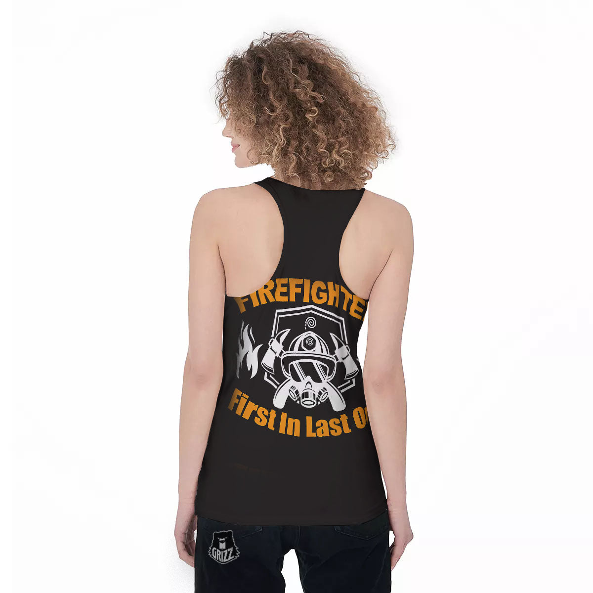 First In Last Out Firefighter Print Women's Racerback Tank Top-grizzshop