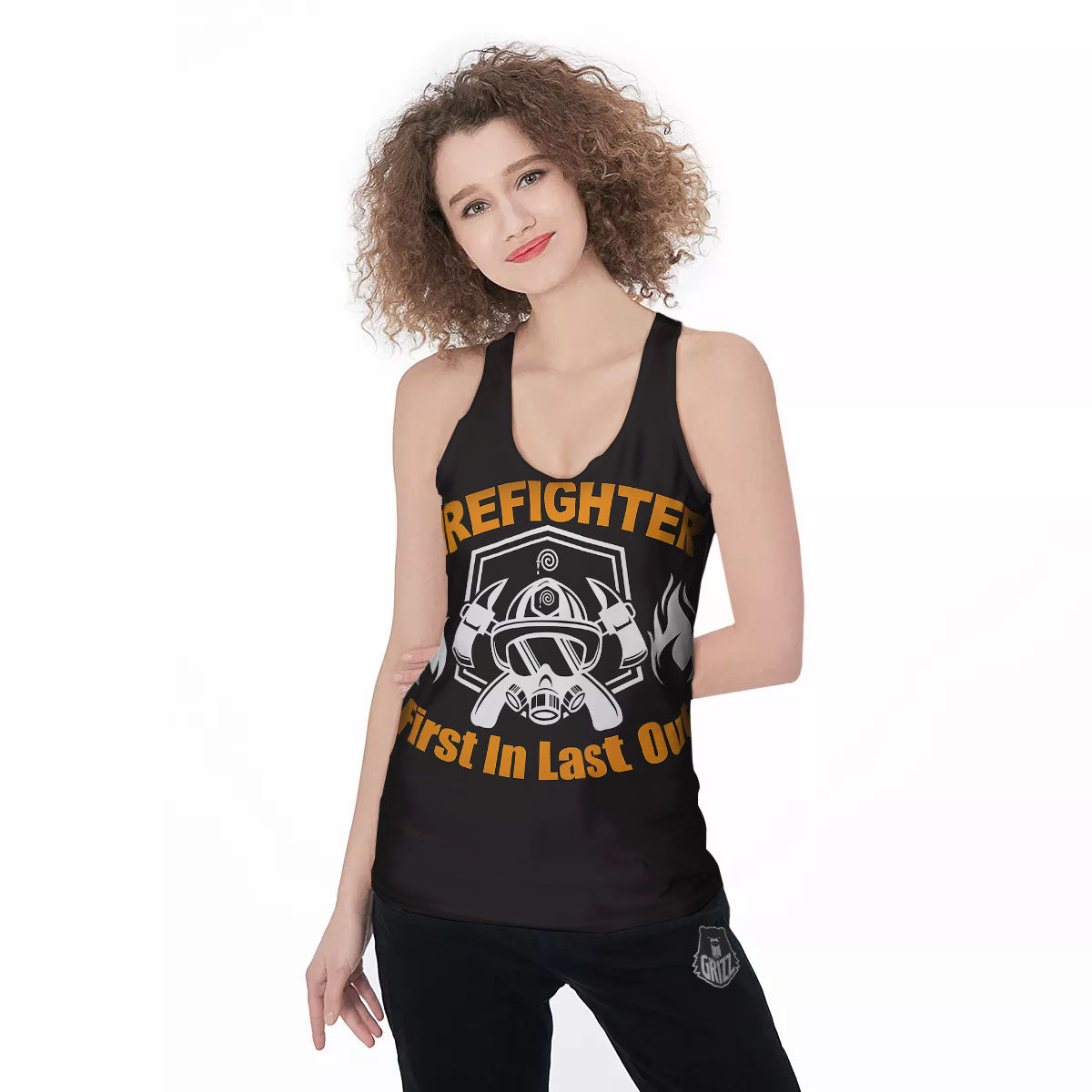 First In Last Out Firefighter Print Women's Racerback Tank Top-grizzshop