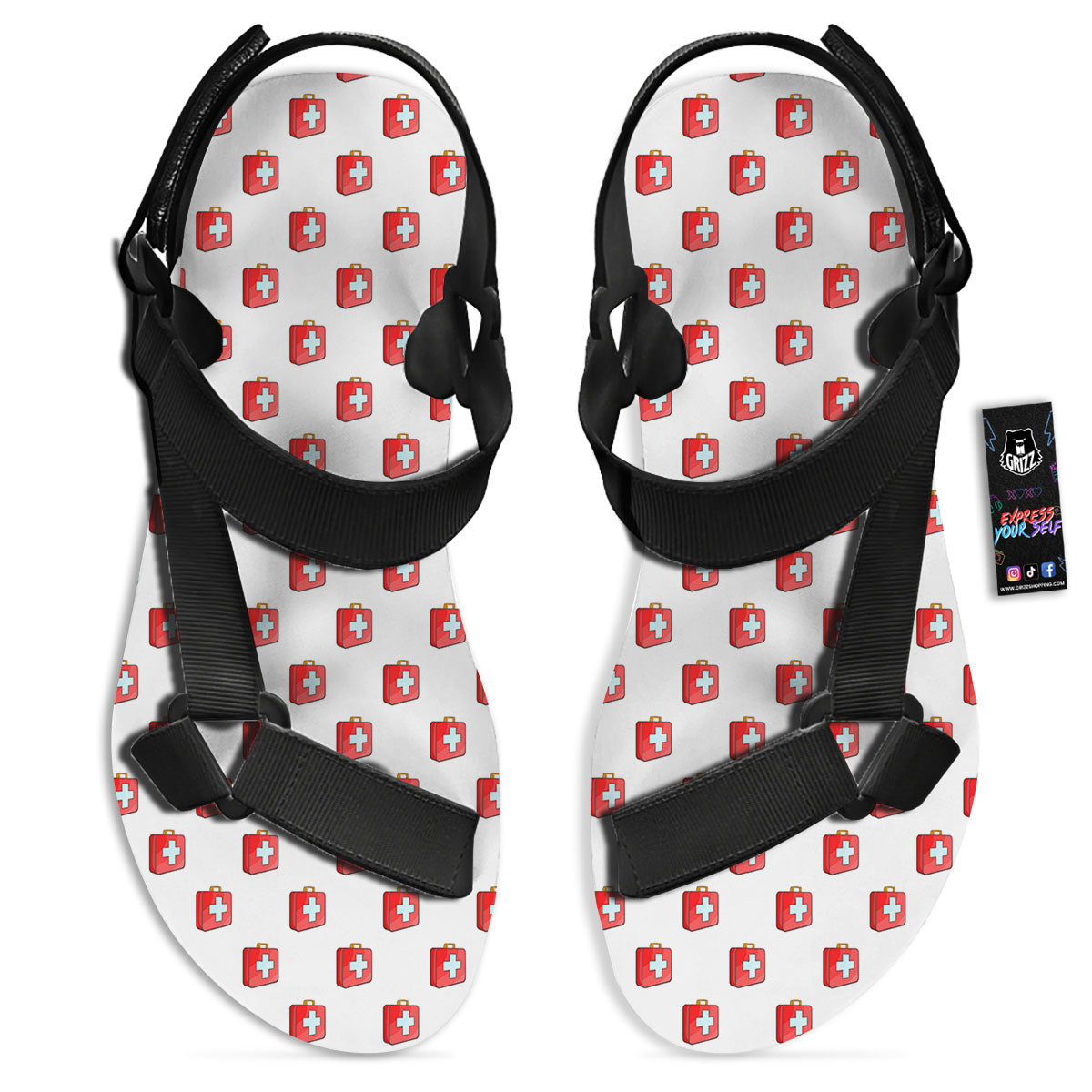 First Kit Aid Paramedic Print Pattern Black Open Toe Sandals-grizzshop