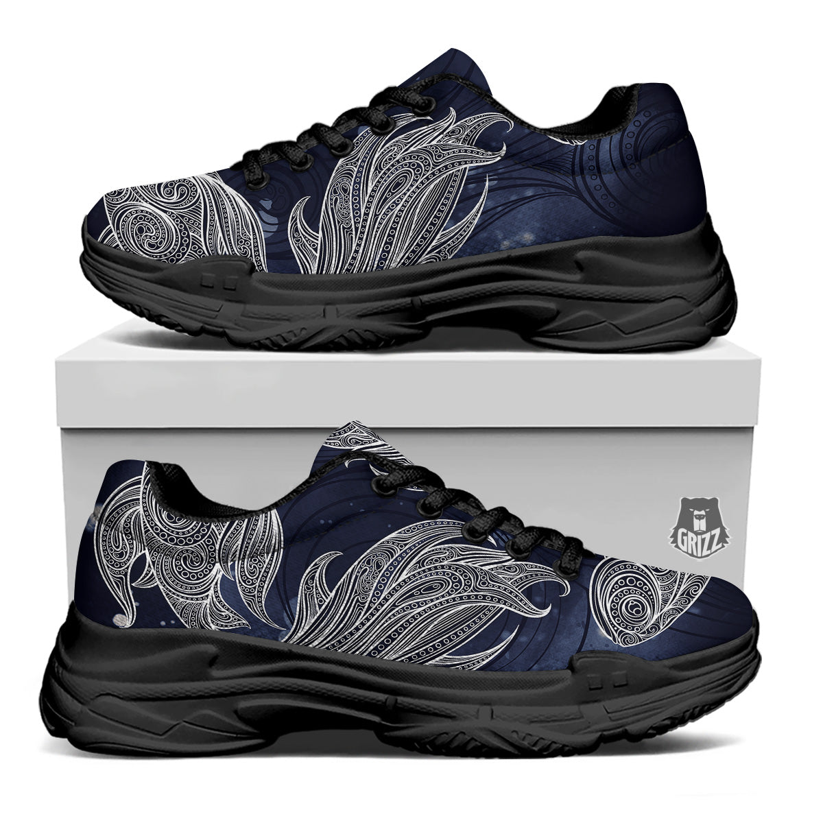 Fish Bohemian Spiritual Print Black Chunky Shoes-grizzshop