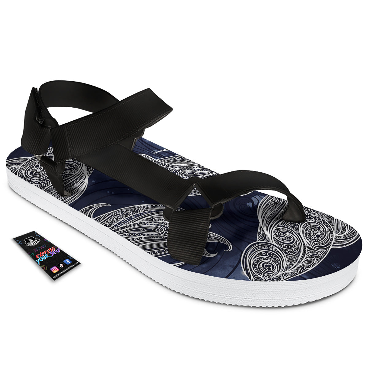 Fish Bohemian Spiritual Print Black Open Toe Sandals-grizzshop