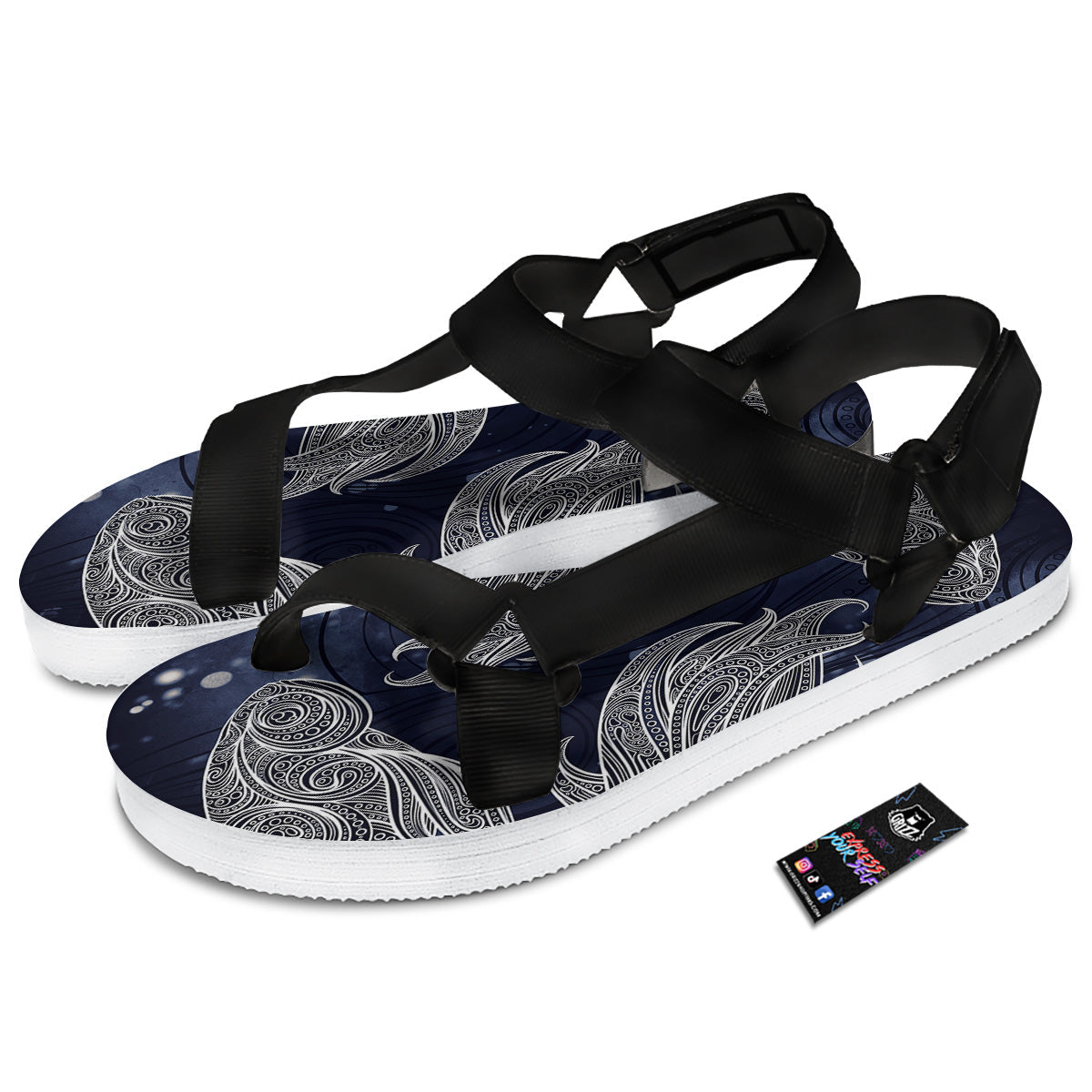Fish Bohemian Spiritual Print Black Open Toe Sandals-grizzshop