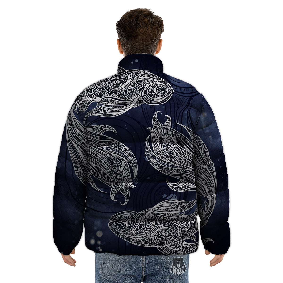 Fish Bohemian Spiritual Print Puffer Jacket-grizzshop