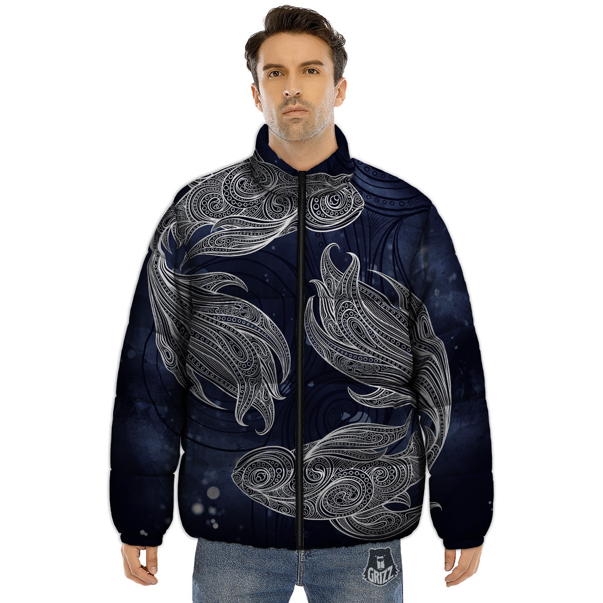 Fish Bohemian Spiritual Print Puffer Jacket-grizzshop