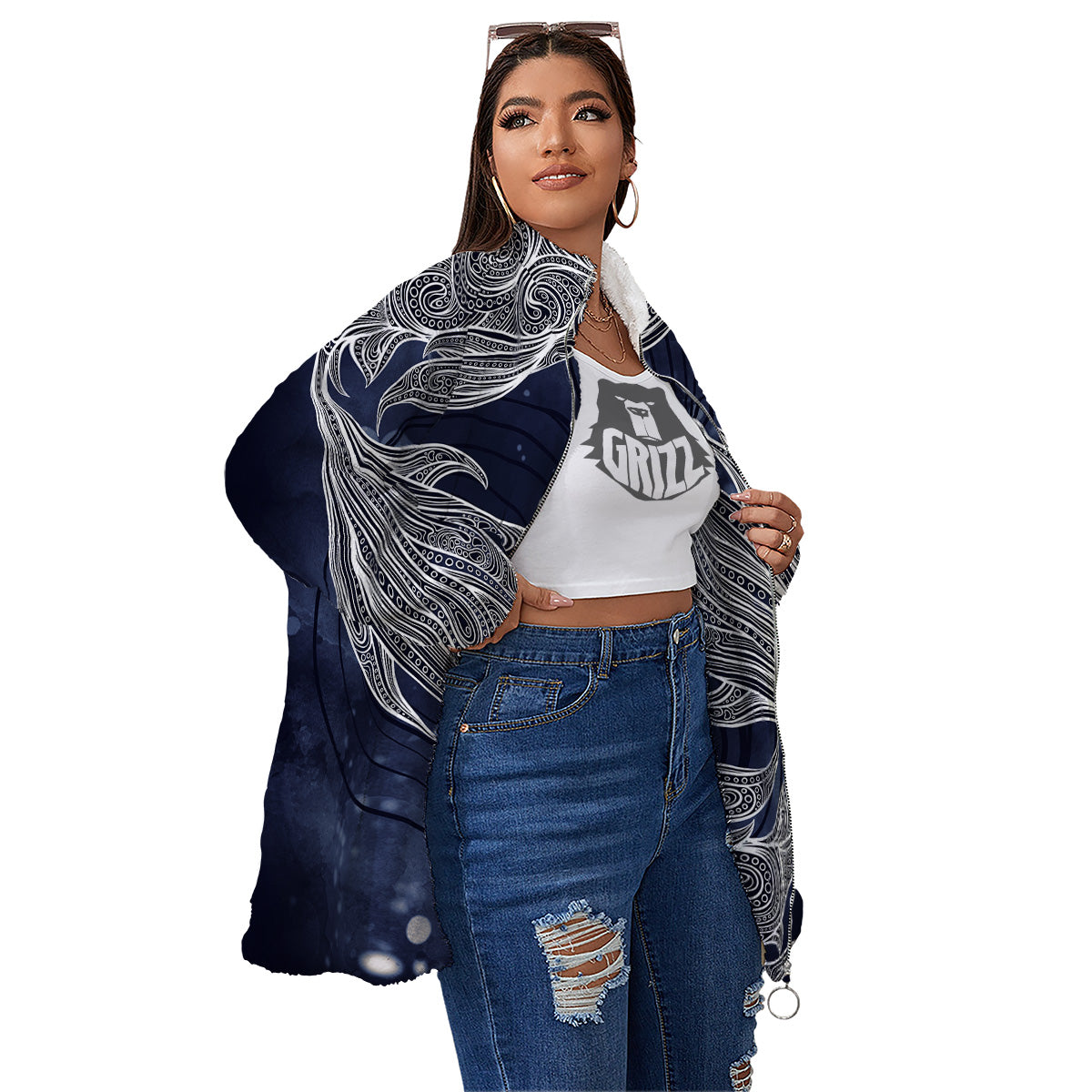 Fish Bohemian Spiritual Print Women's Sherpa Jacket-grizzshop