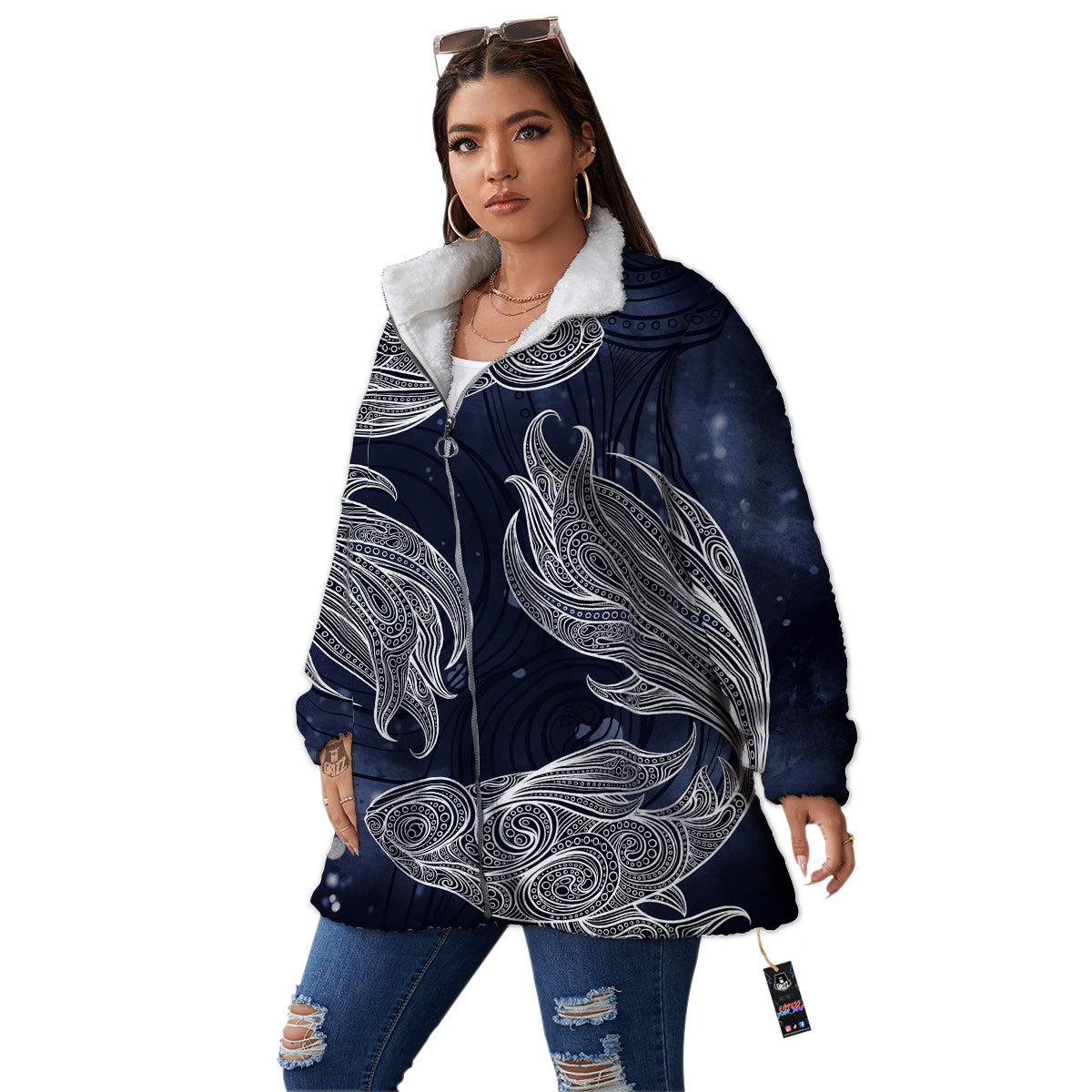 Fish Bohemian Spiritual Print Women's Sherpa Jacket-grizzshop