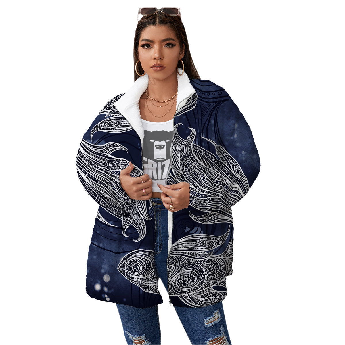 Fish Bohemian Spiritual Print Women's Sherpa Jacket-grizzshop