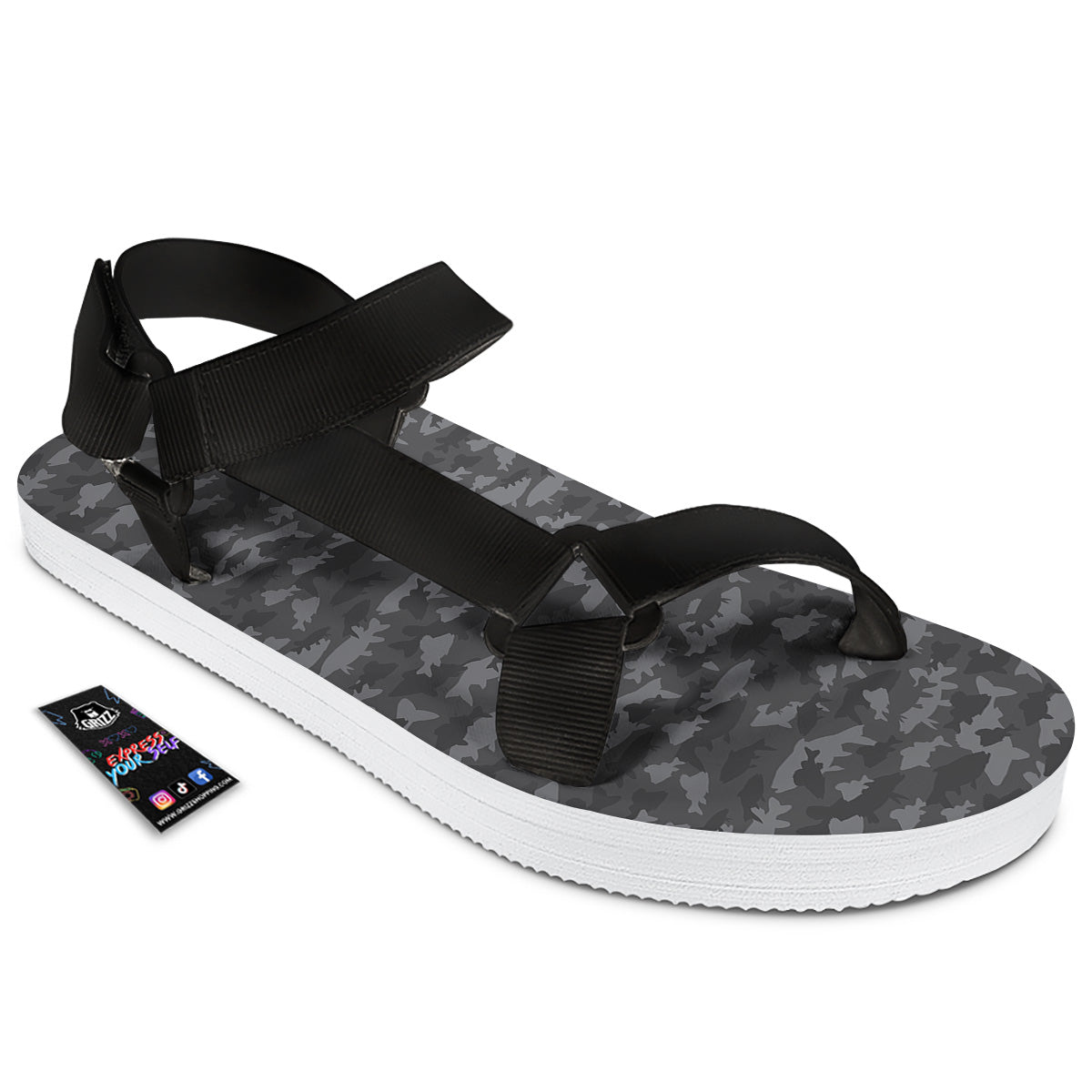 Fish Camouflage Grey Print Pattern Black Open Toe Sandals-grizzshop