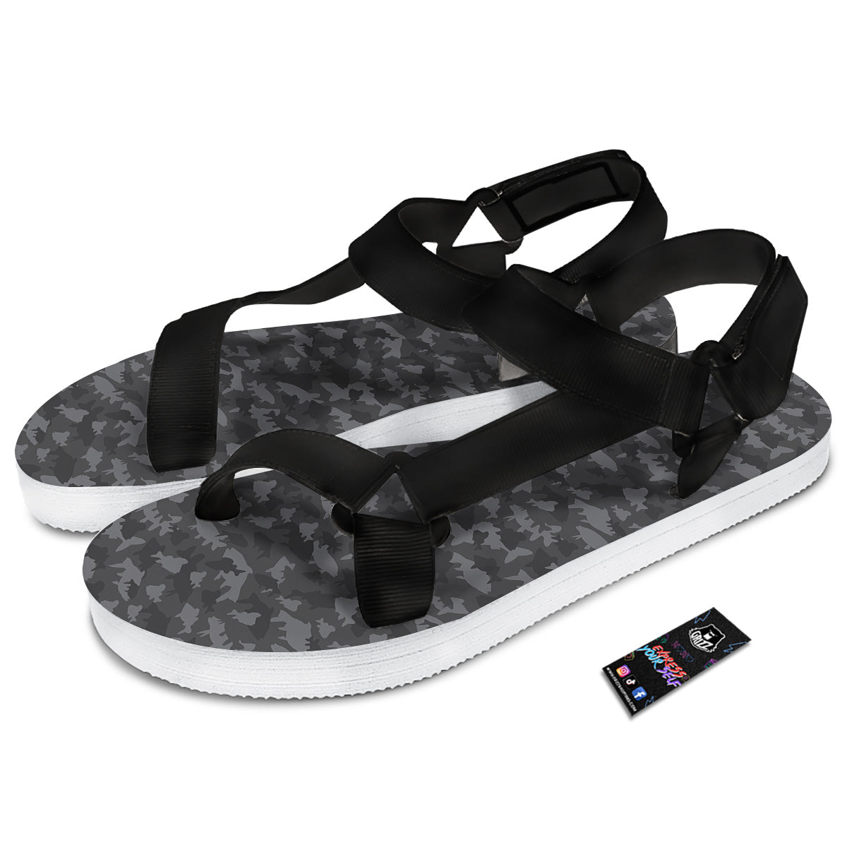 Fish Camouflage Grey Print Pattern Black Open Toe Sandals-grizzshop