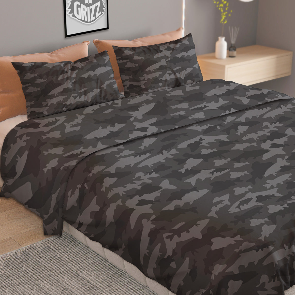 Fish Camouflage Grey Print Pattern Duvet Cover Bedding Set
