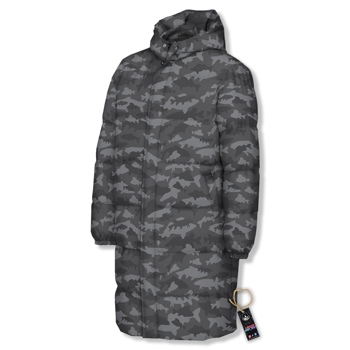Fish Camouflage Grey Print Pattern Long Down Jacket-grizzshop