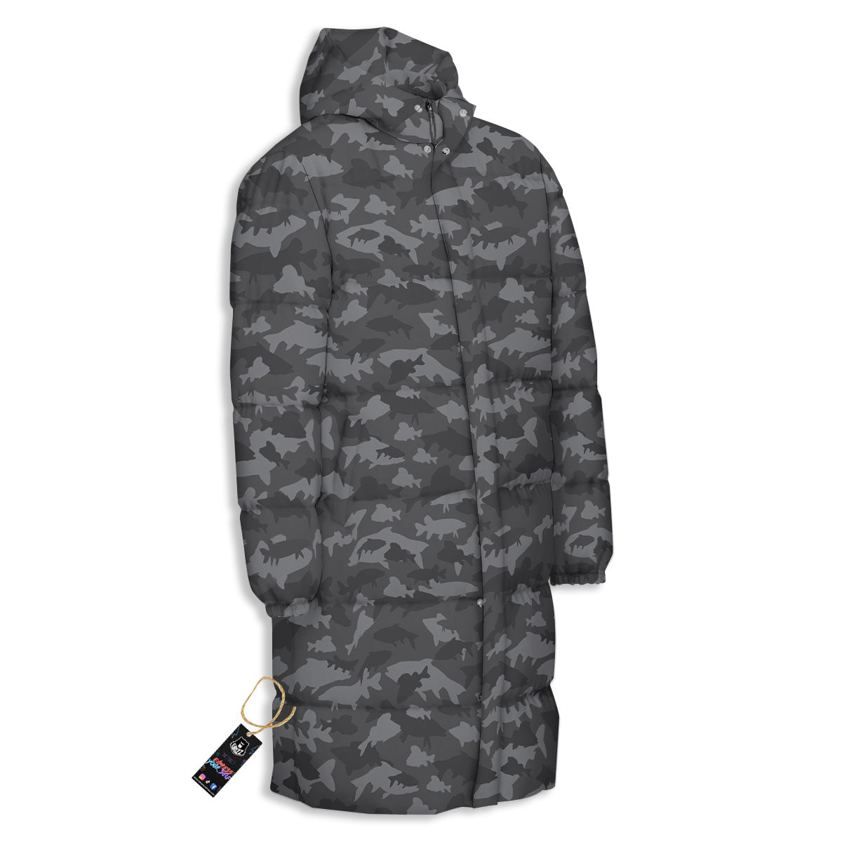 Fish Camouflage Grey Print Pattern Long Down Jacket-grizzshop