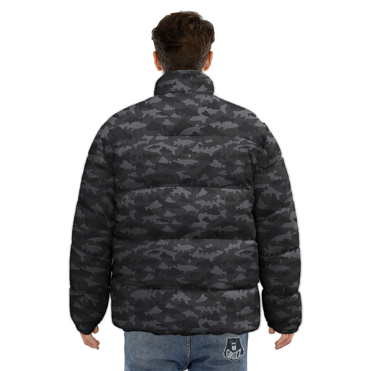 Fish Camouflage Grey Print Pattern Puffer Jacket-grizzshop