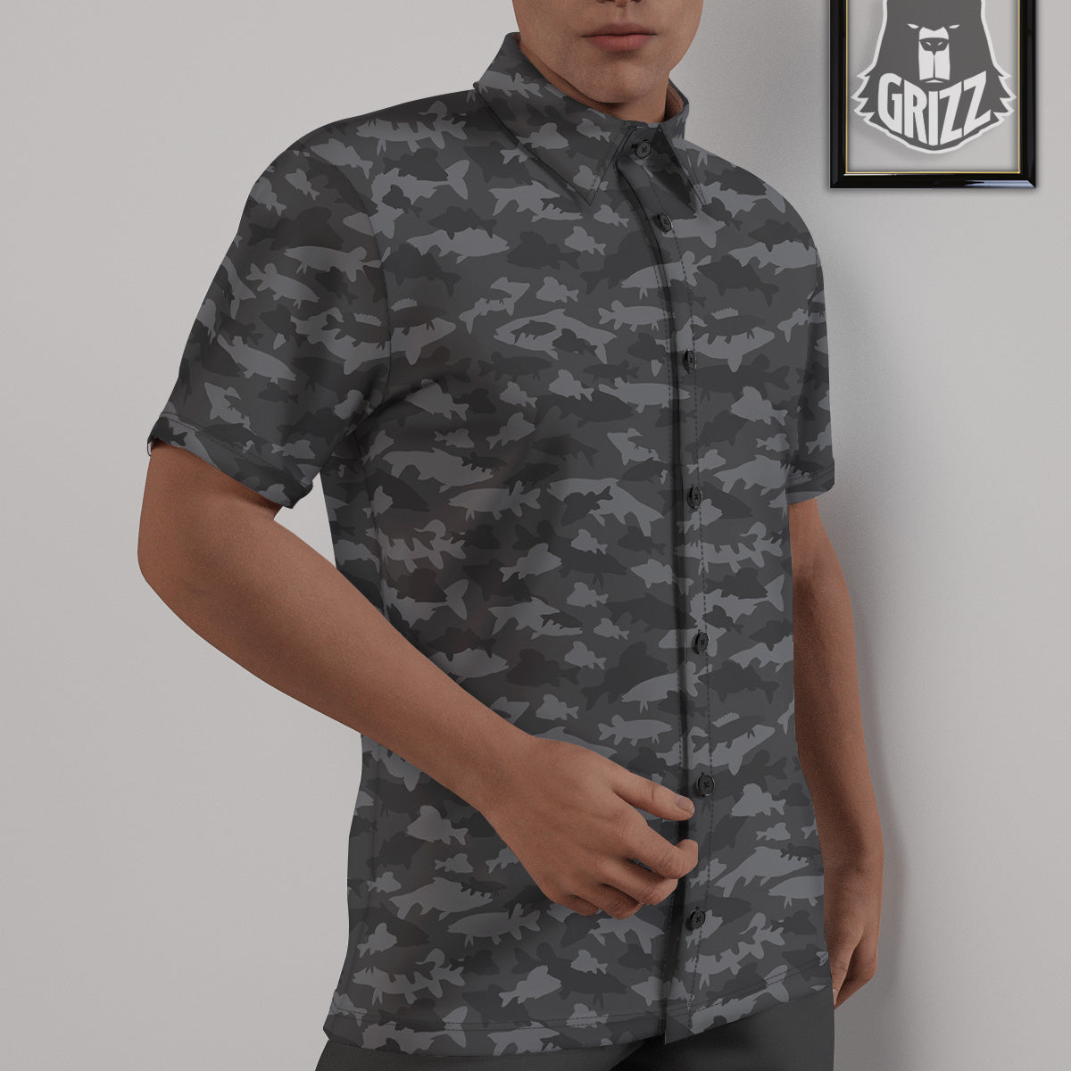 Fish Camouflage Grey Print Pattern Untucked Shirts-grizzshop