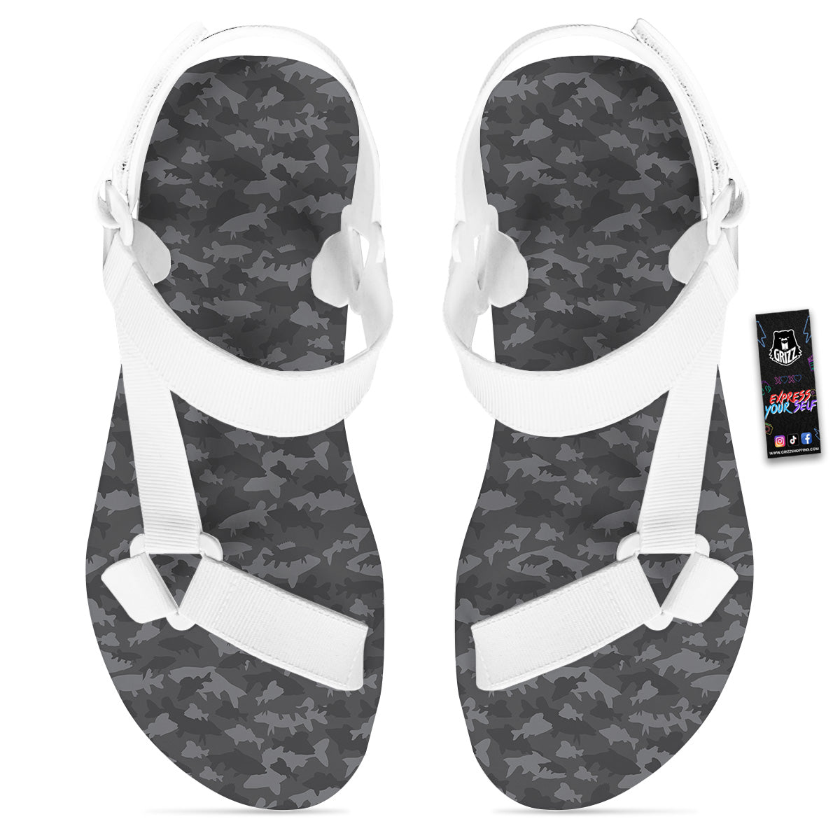 Fish Camouflage Grey Print Pattern White Open Toe Sandals-grizzshop