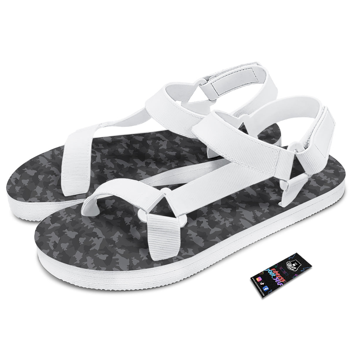 Fish Camouflage Grey Print Pattern White Open Toe Sandals-grizzshop